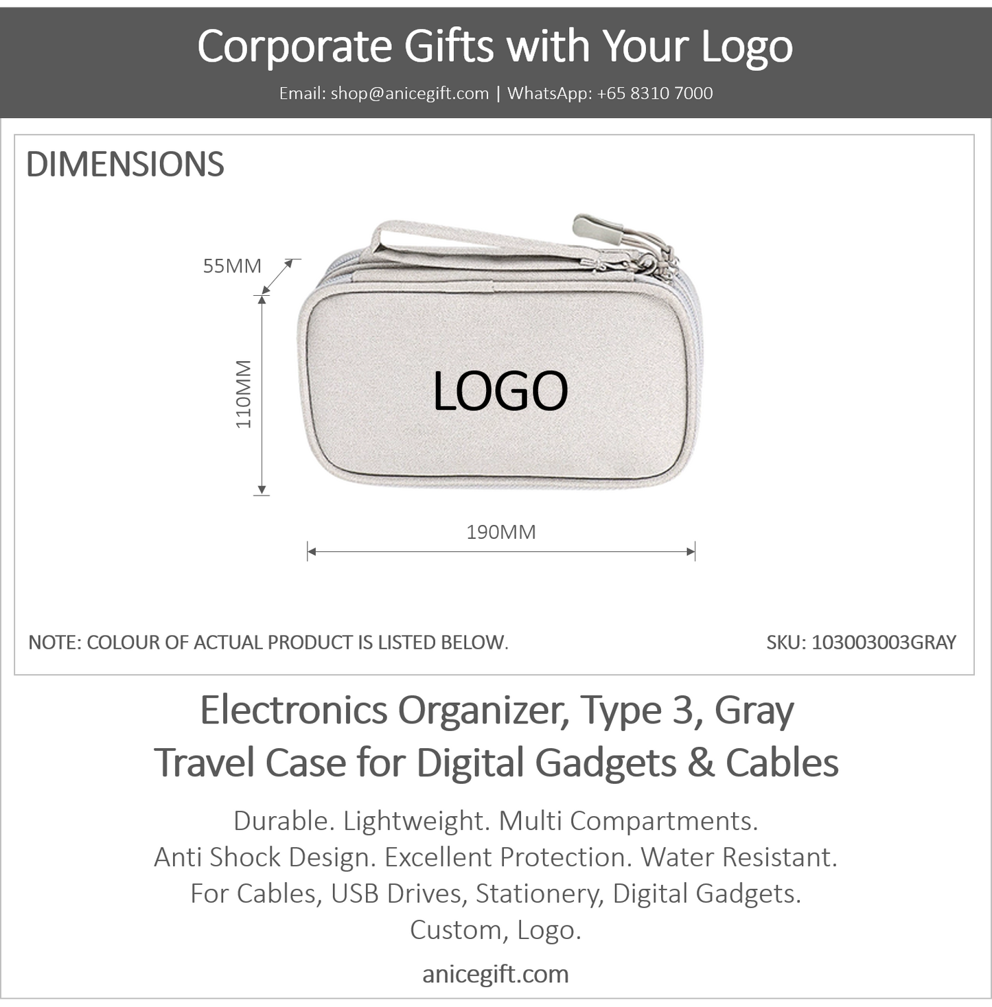 Electronics Organizer, Type 3, Gray | Travel Case for Digital Gadgets & Cables