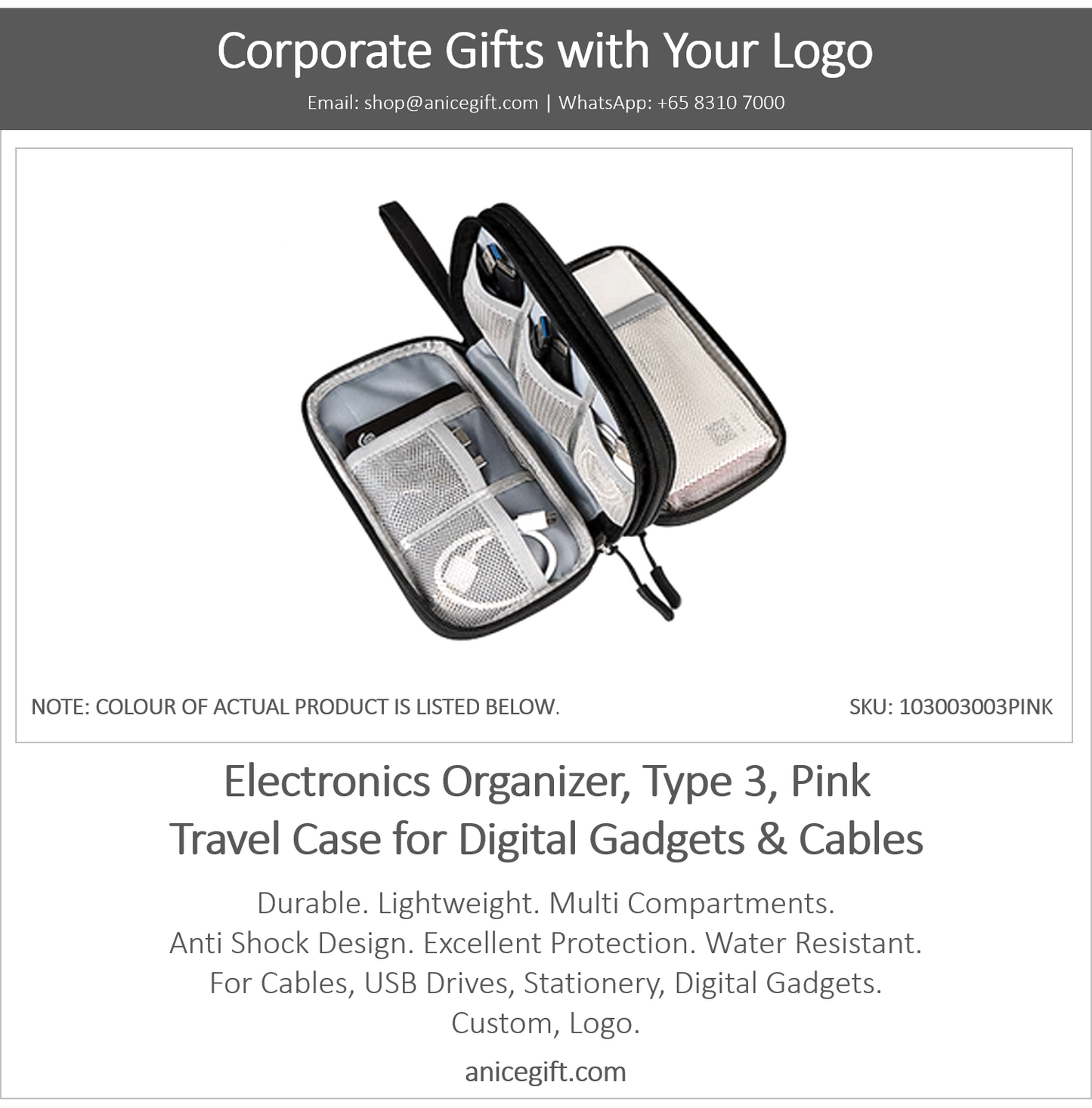 Electronics Organizer, Type 3, Pink | Travel Case for Digital Gadgets & Cables