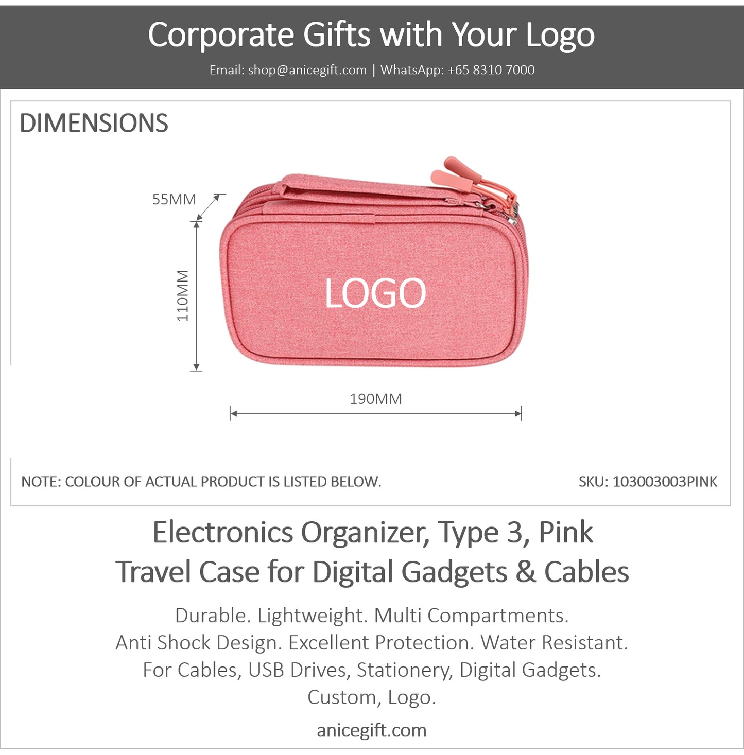 Electronics Organizer, Type 3, Pink | Travel Case for Digital Gadgets & Cables