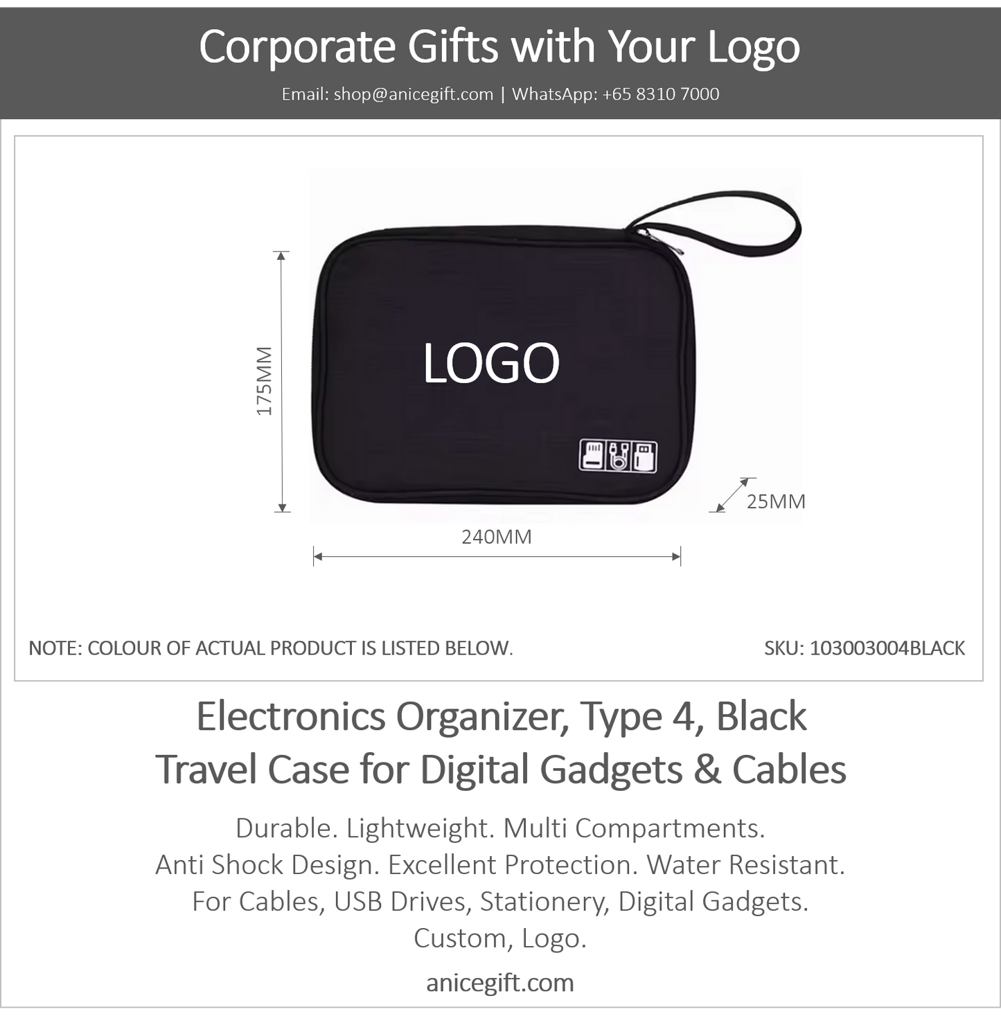 Electronics Organizer, Type 4, Black | Travel Case for Digital Gadgets & Cables