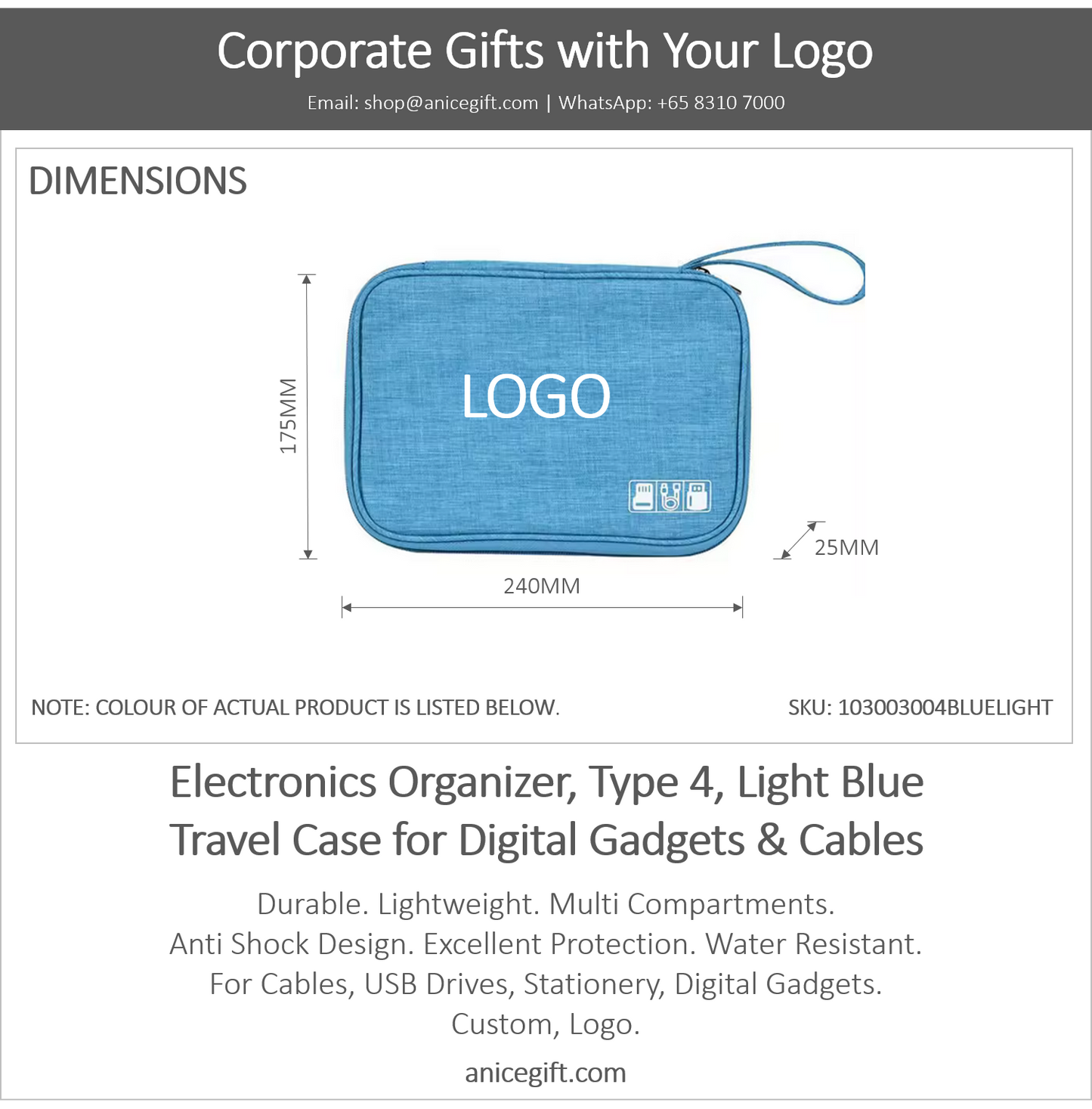 Electronics Organizer, Type 4, Blue | Travel Case for Digital Gadgets & Cables