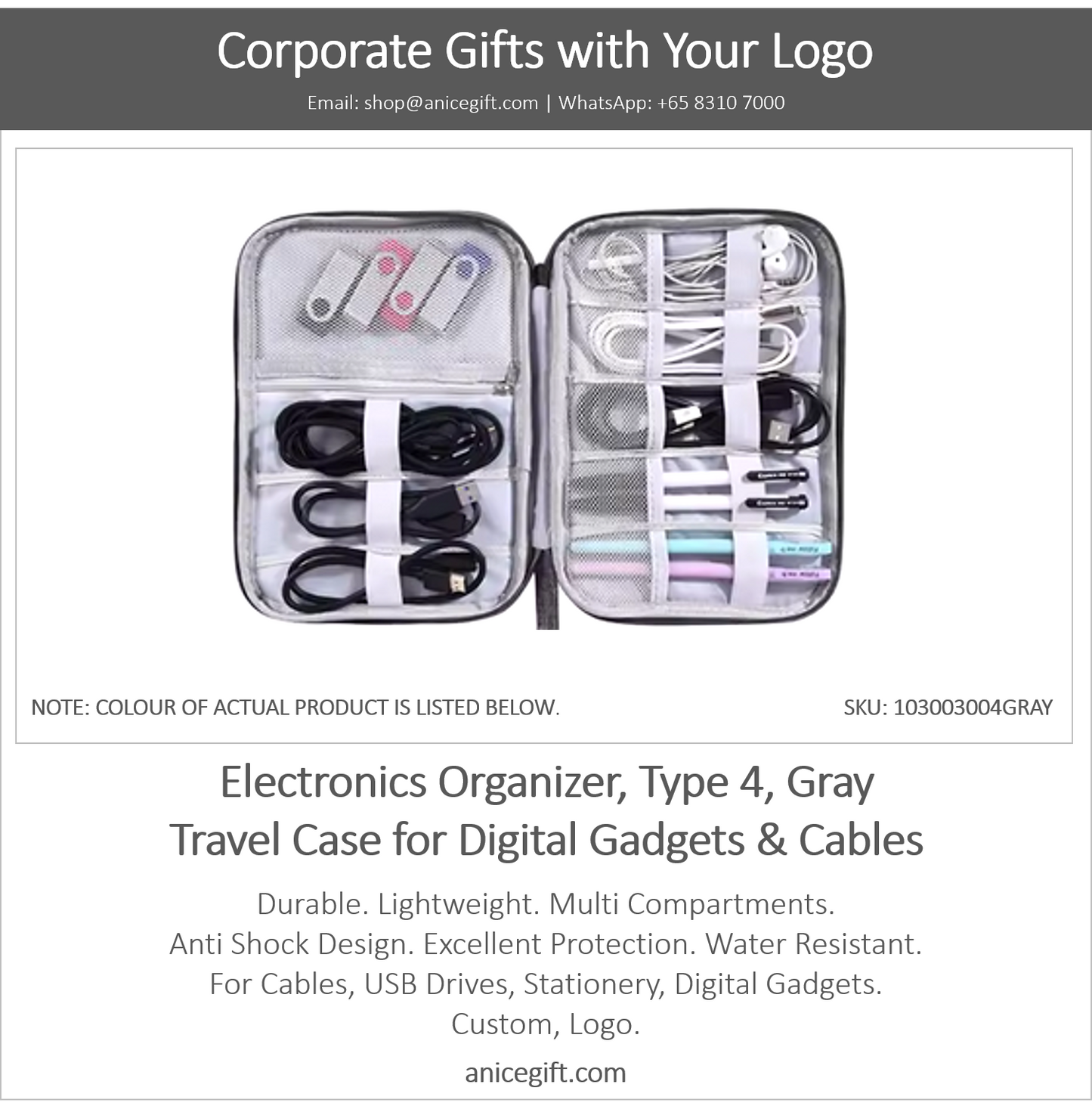 Electronics Organizer, Type 4, Gray | Travel Case for Digital Gadgets & Cables