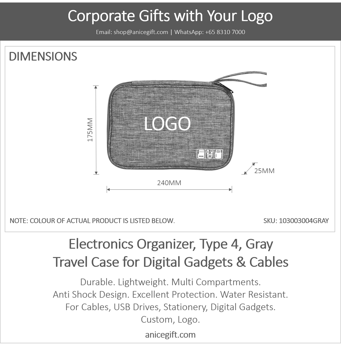 Electronics Organizer, Type 4, Gray | Travel Case for Digital Gadgets & Cables