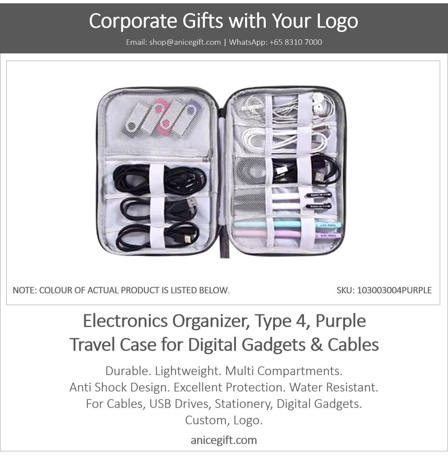 Electronics Organizer, Type 4, Purple | Travel Case for Digital Gadgets & Cables