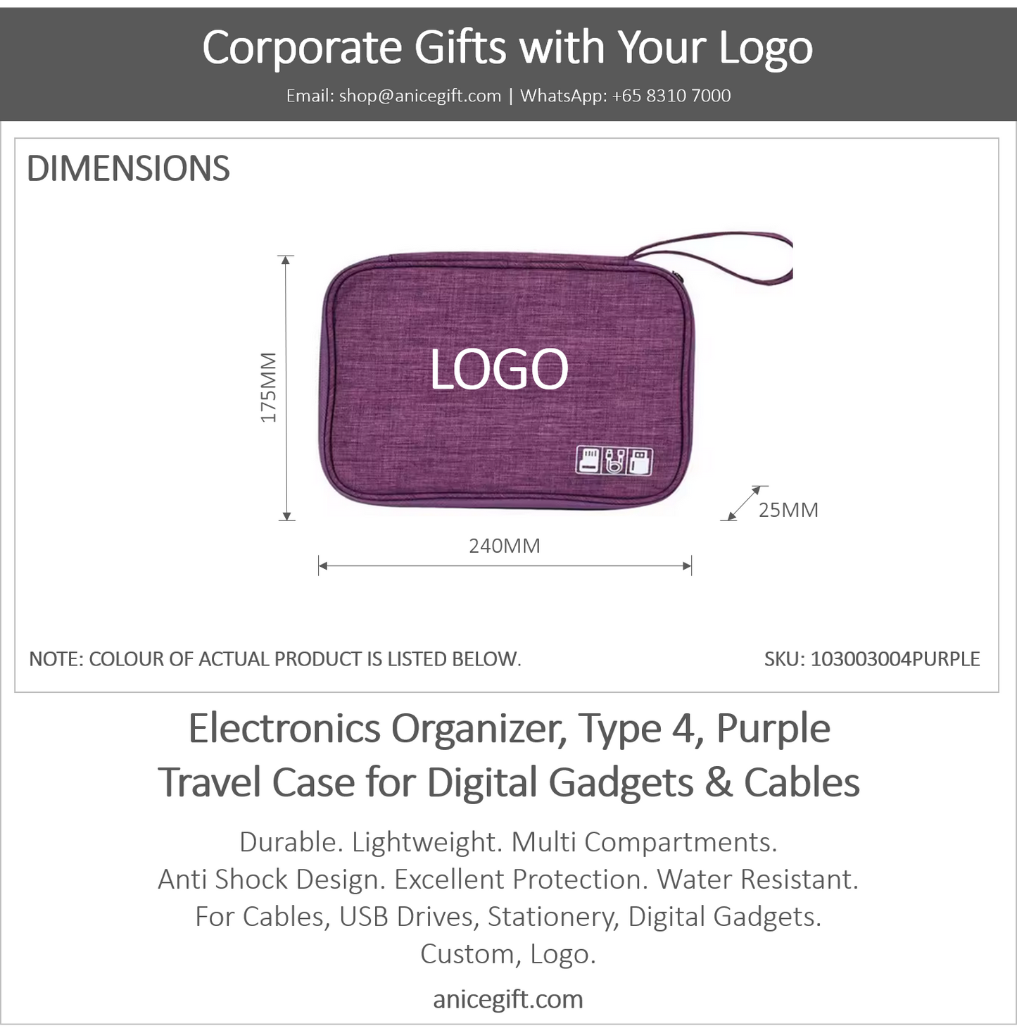 Electronics Organizer, Type 4, Purple | Travel Case for Digital Gadgets & Cables