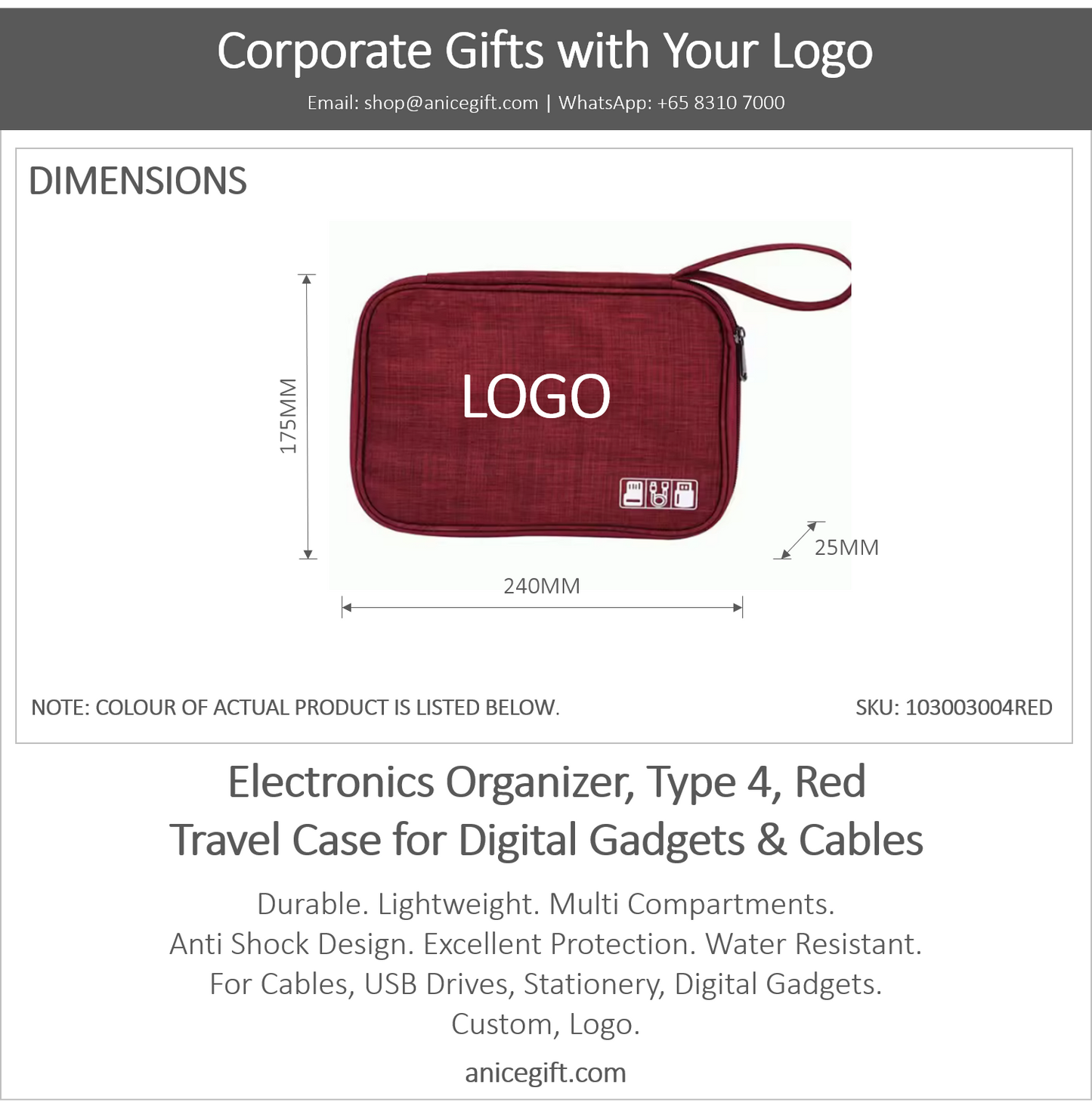 Electronics Organizer, Type 4, Red | Travel Case for Digital Gadgets & Cables