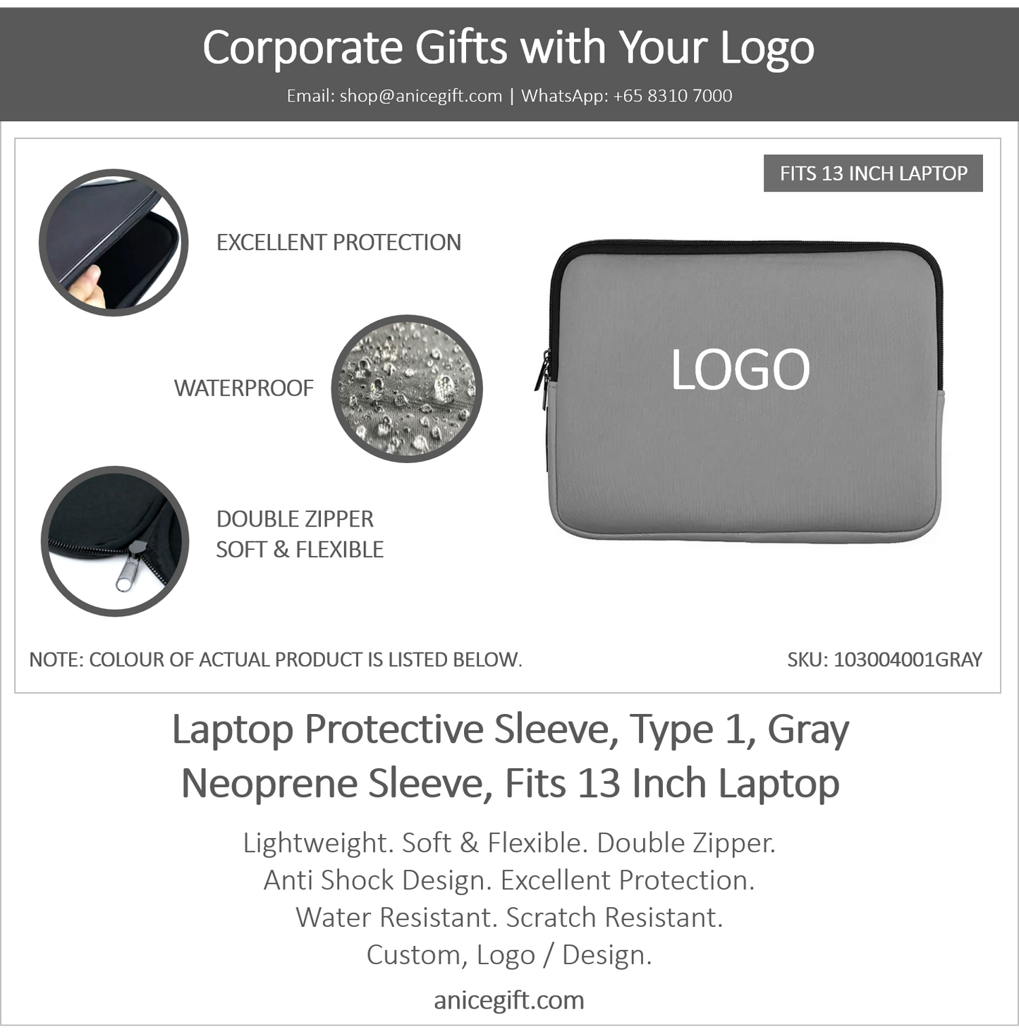 Laptop Protective Sleeve, Type 1, Gray | Neoprene Sleeve, Fits 13 Inch Laptop
