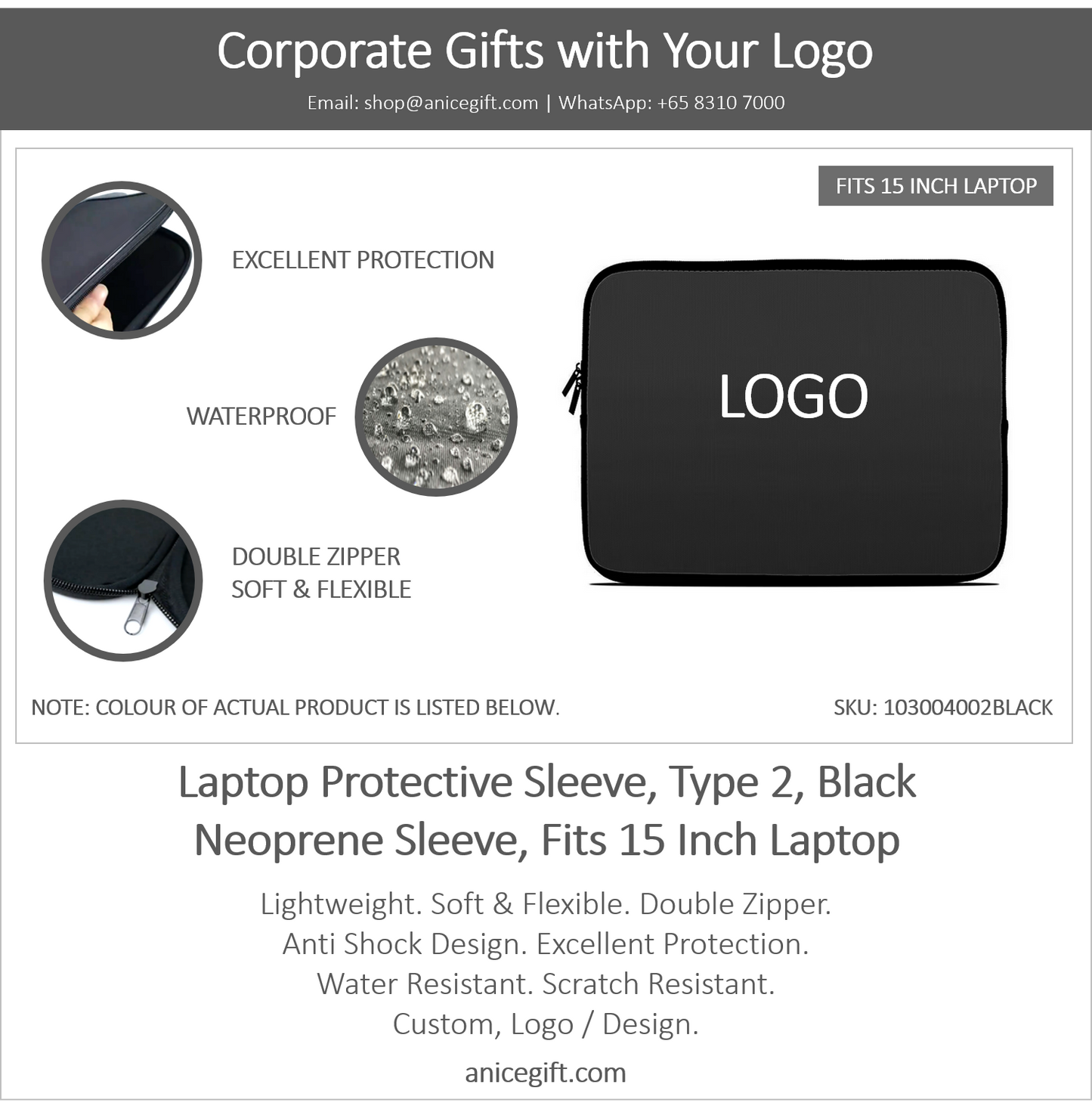 Laptop Protective Sleeve, Type 2, Black | Neoprene Sleeve, Fits 15 Inch Laptop