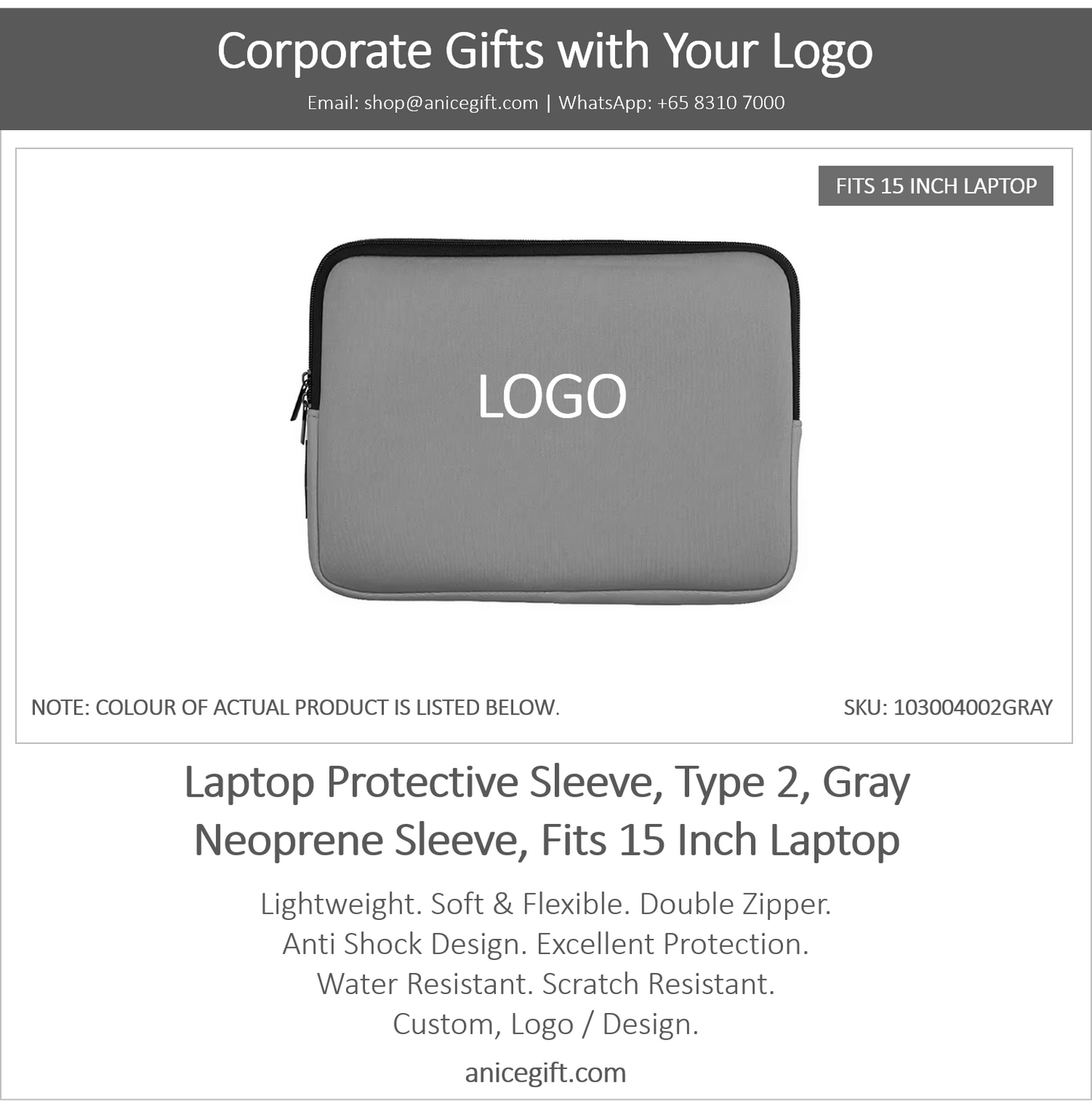 Laptop Protective Sleeve, Type 2, Gray | Neoprene Sleeve, Fits 15 Inch Laptop