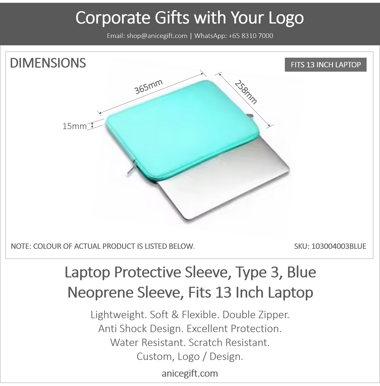 Laptop Protective Sleeve, Type 3, Blue | Neoprene Sleeve, Fits 13 Inch Laptop