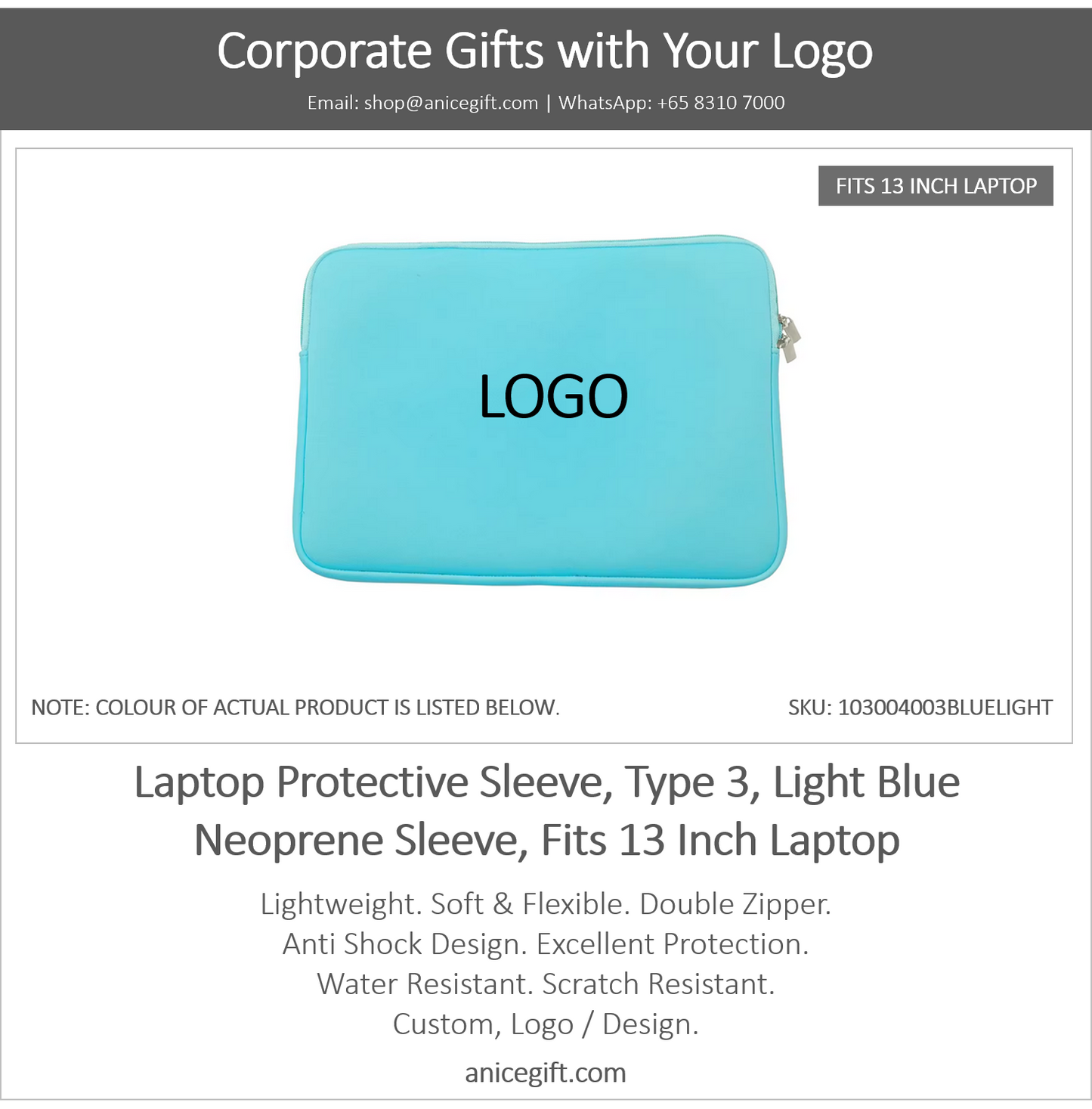 Laptop Protective Sleeve, Type 3, Light Blue | Neoprene Sleeve, Fits 13 Inch Laptop