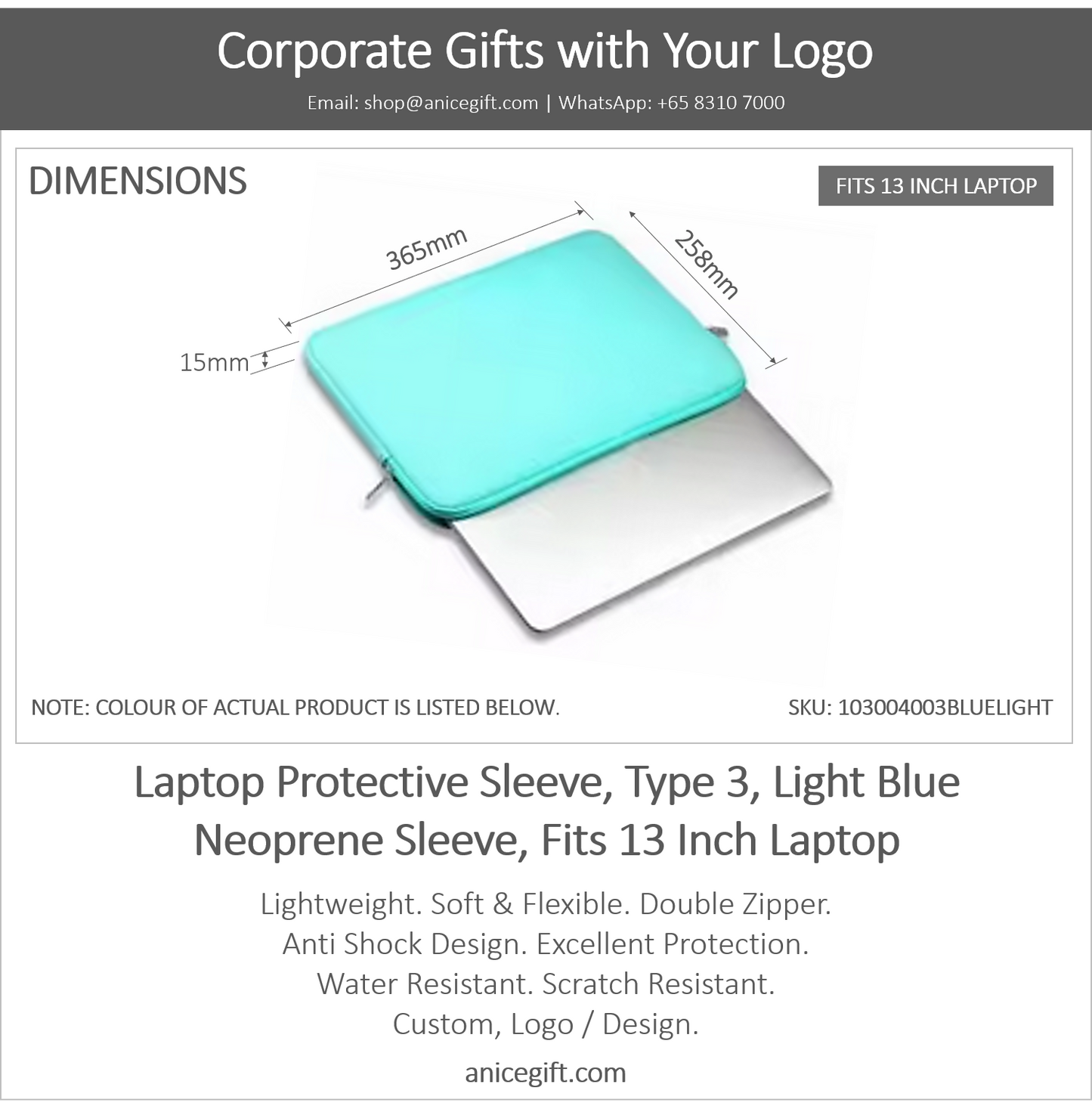 Laptop Protective Sleeve, Type 3, Light Blue | Neoprene Sleeve, Fits 13 Inch Laptop