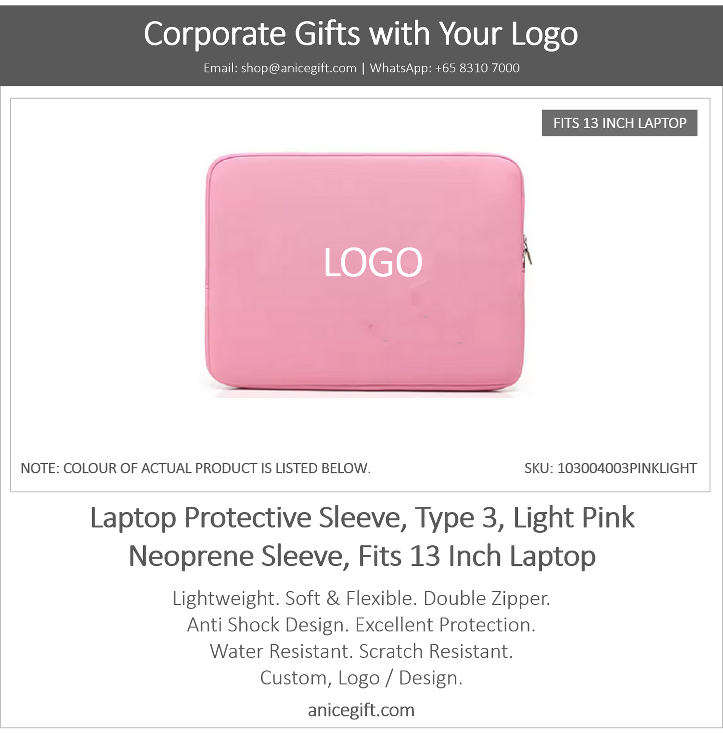 Laptop Protective Sleeve, Type 3, Light Pink | Neoprene Sleeve, Fits 13 Inch Laptop