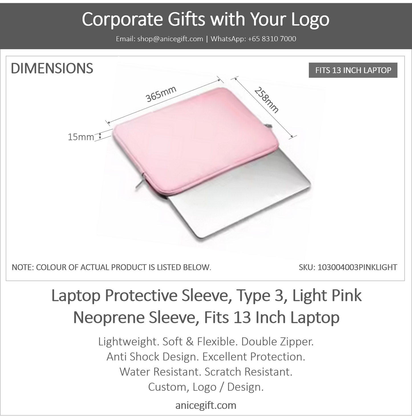 Laptop Protective Sleeve, Type 3, Light Pink | Neoprene Sleeve, Fits 13 Inch Laptop