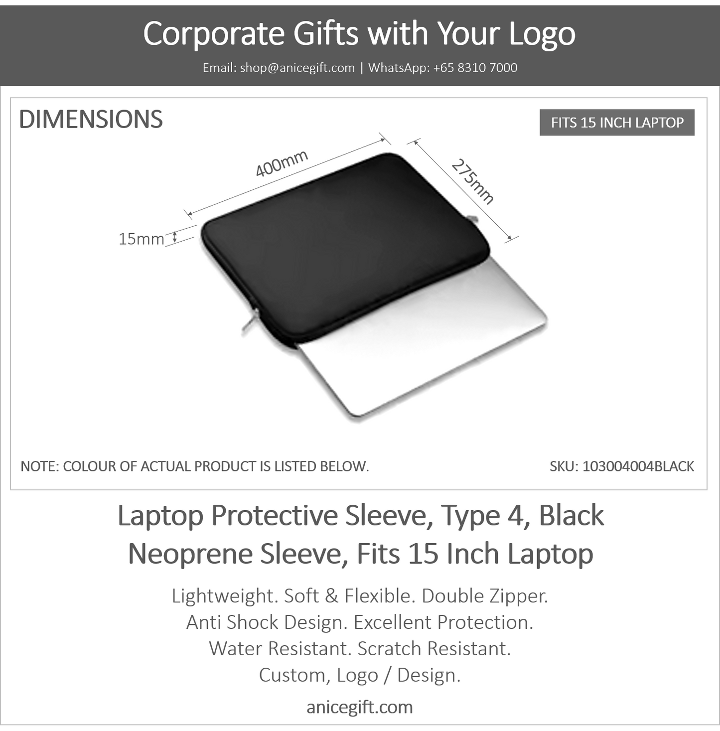 Laptop Protective Sleeve, Type 4, Black | Neoprene Sleeve, Fits 15 Inch Laptop