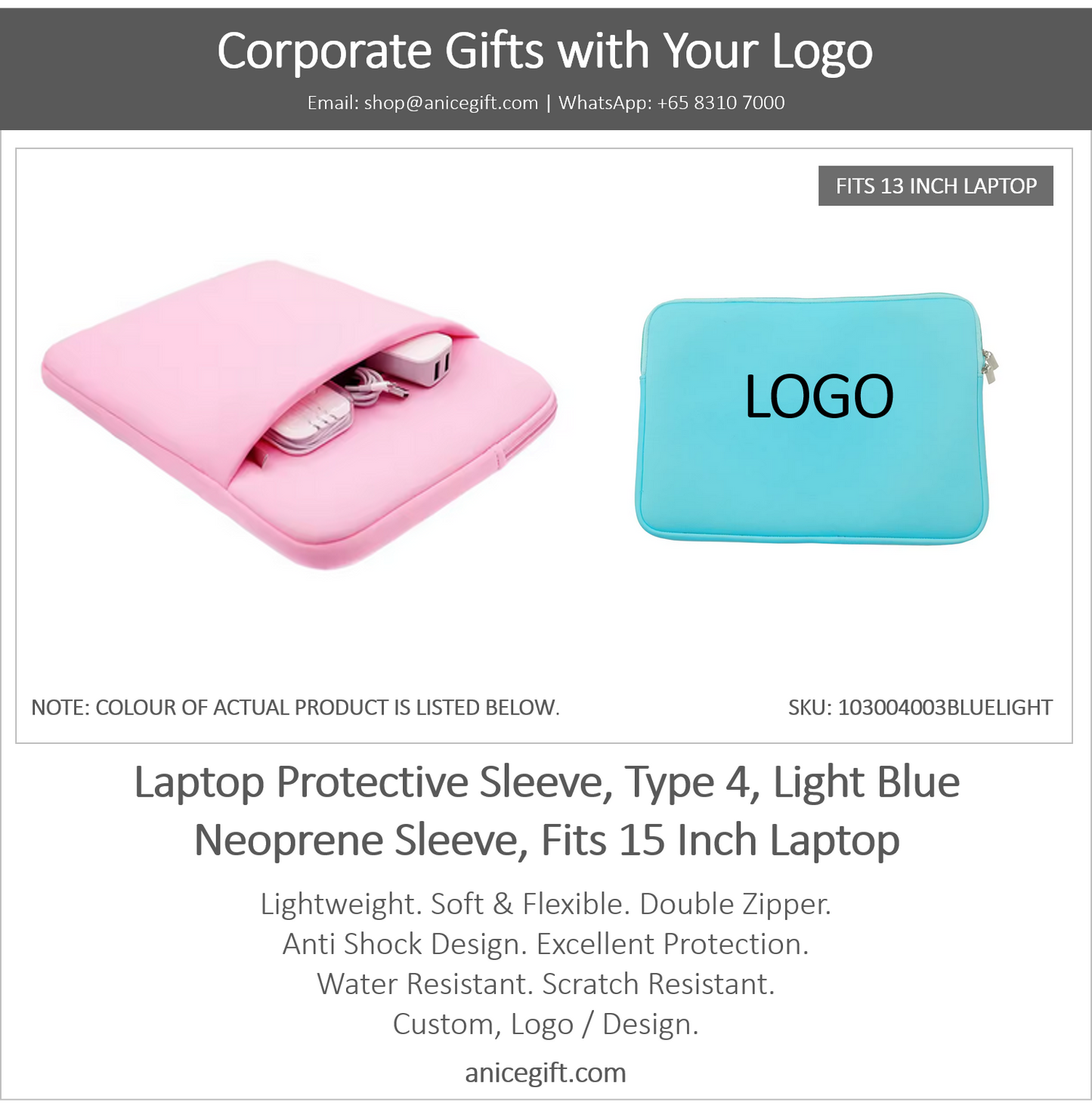 Laptop Protective Sleeve, Type 4, Light Blue | Neoprene Sleeve, Fits 15 Inch Laptop