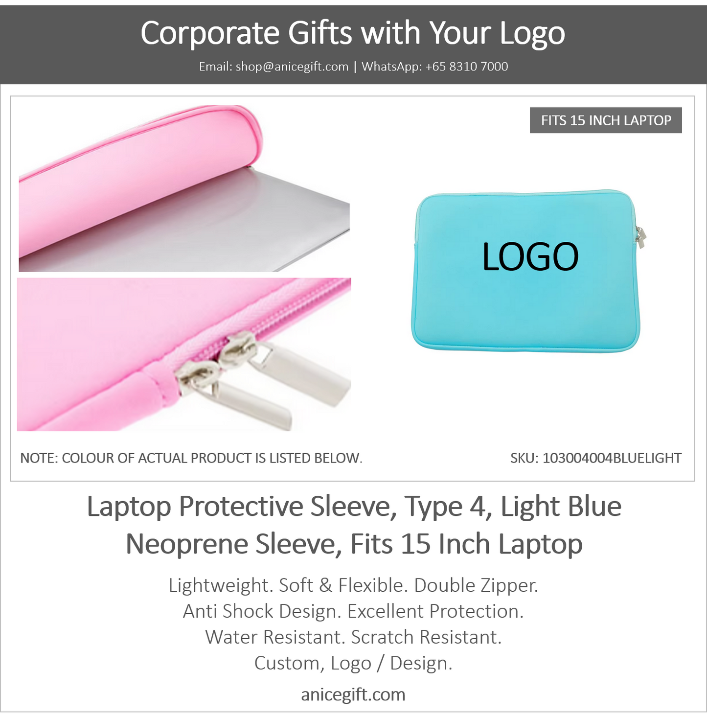Laptop Protective Sleeve, Type 4, Light Blue | Neoprene Sleeve, Fits 15 Inch Laptop