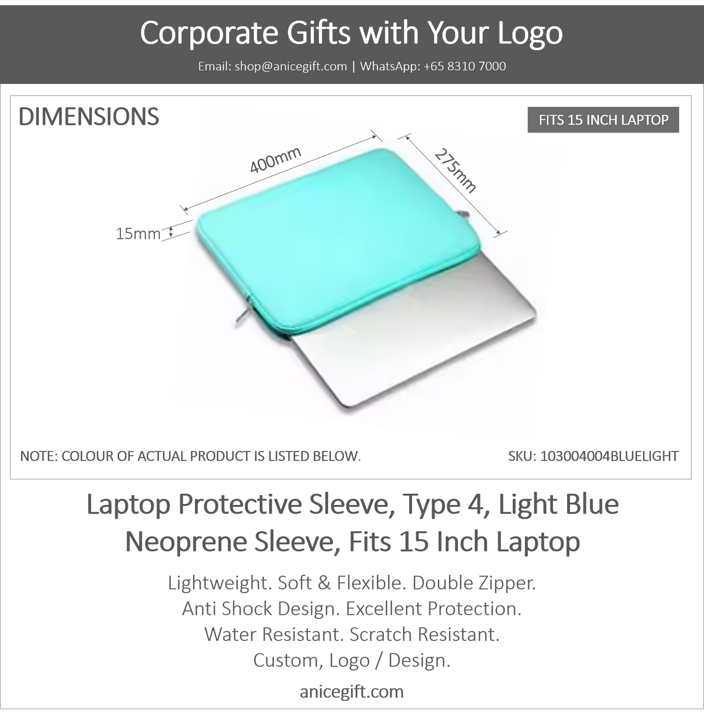 Laptop Protective Sleeve, Type 4, Light Blue | Neoprene Sleeve, Fits 15 Inch Laptop