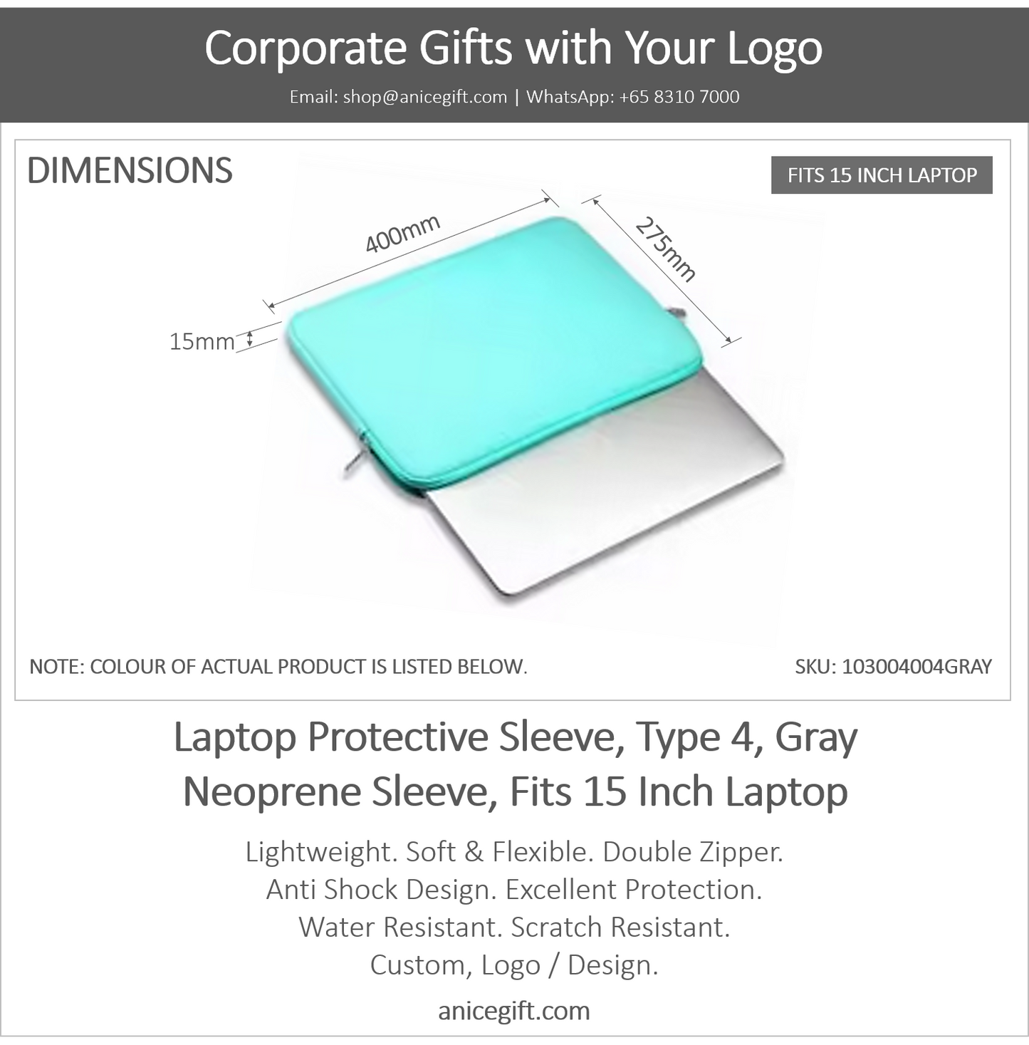 Laptop Protective Sleeve, Type 4, Gray | Neoprene Sleeve, Fits 15 Inch Laptop