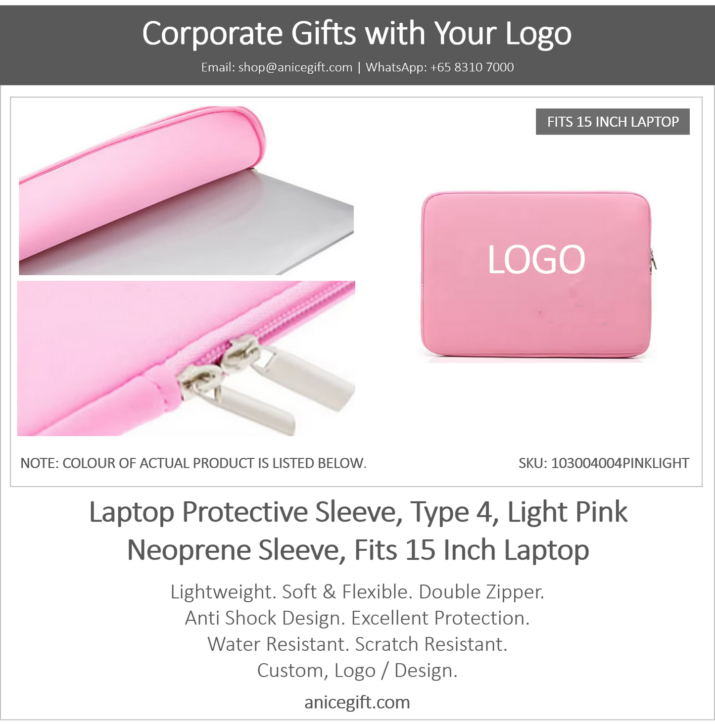 Laptop Protective Sleeve, Type 4, Light Pink | Neoprene Sleeve, Fits 15 Inch Laptop