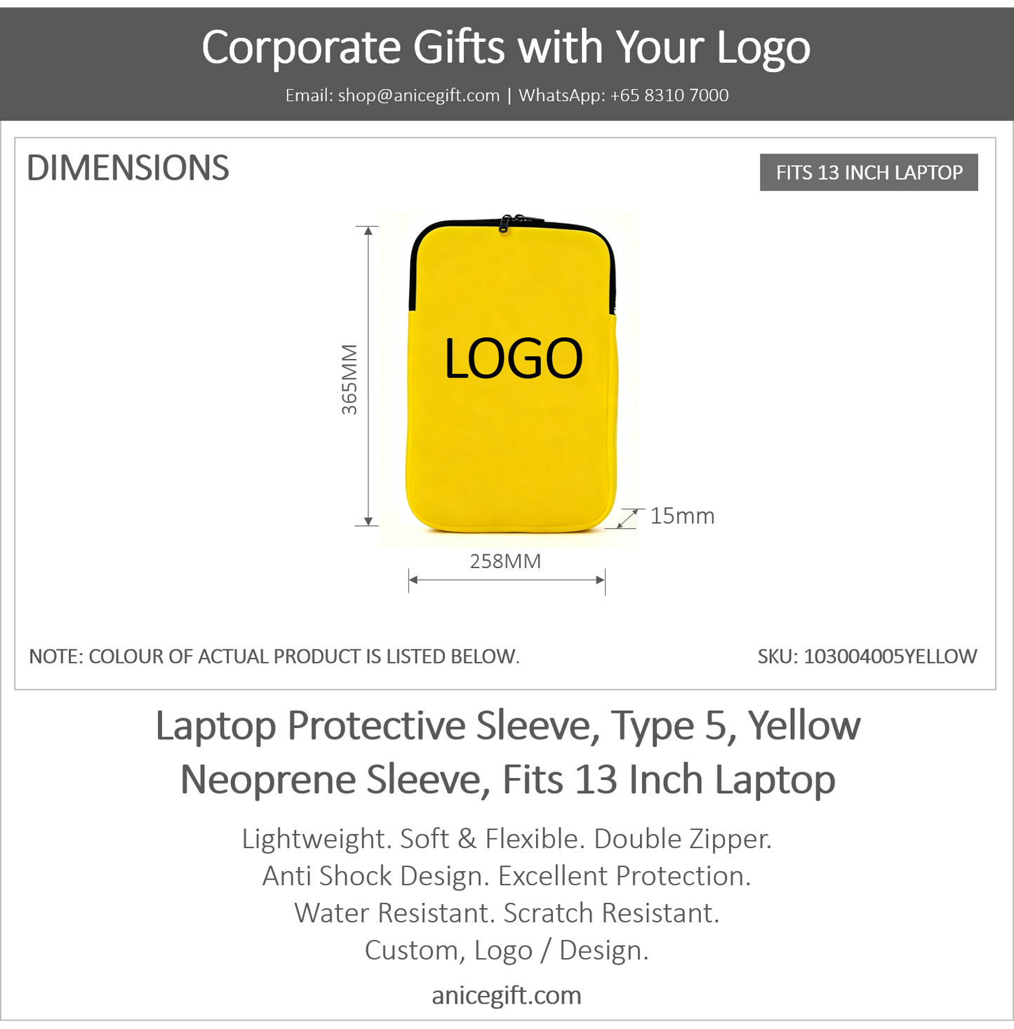 Laptop Protective Sleeve, Type 5, Yellow | Neoprene Sleeve, Fits 13 Inch Laptop