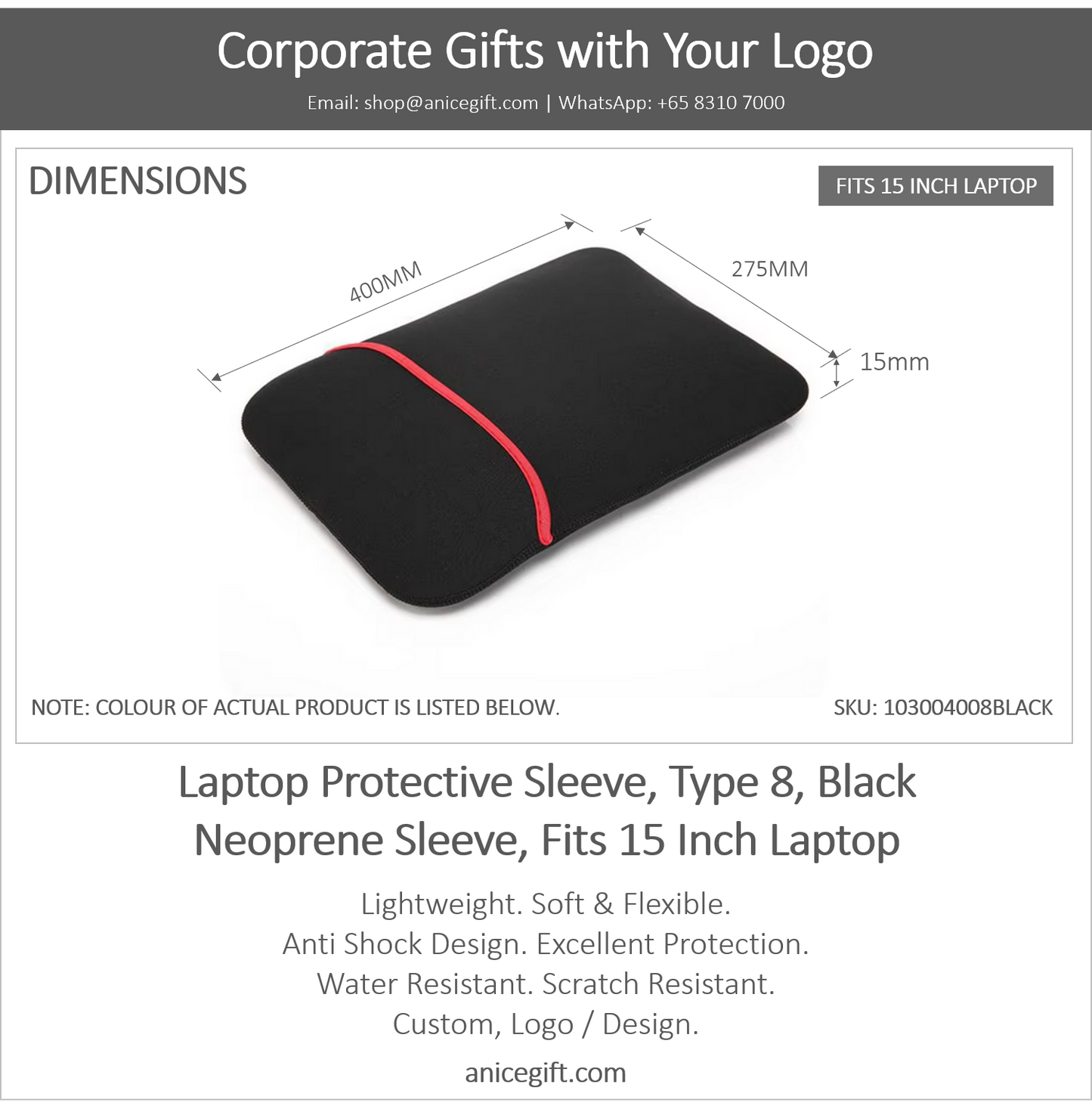 Laptop Protective Sleeve, Type 8, Black | Neoprene Sleeve, Fits 15 Inch Laptop