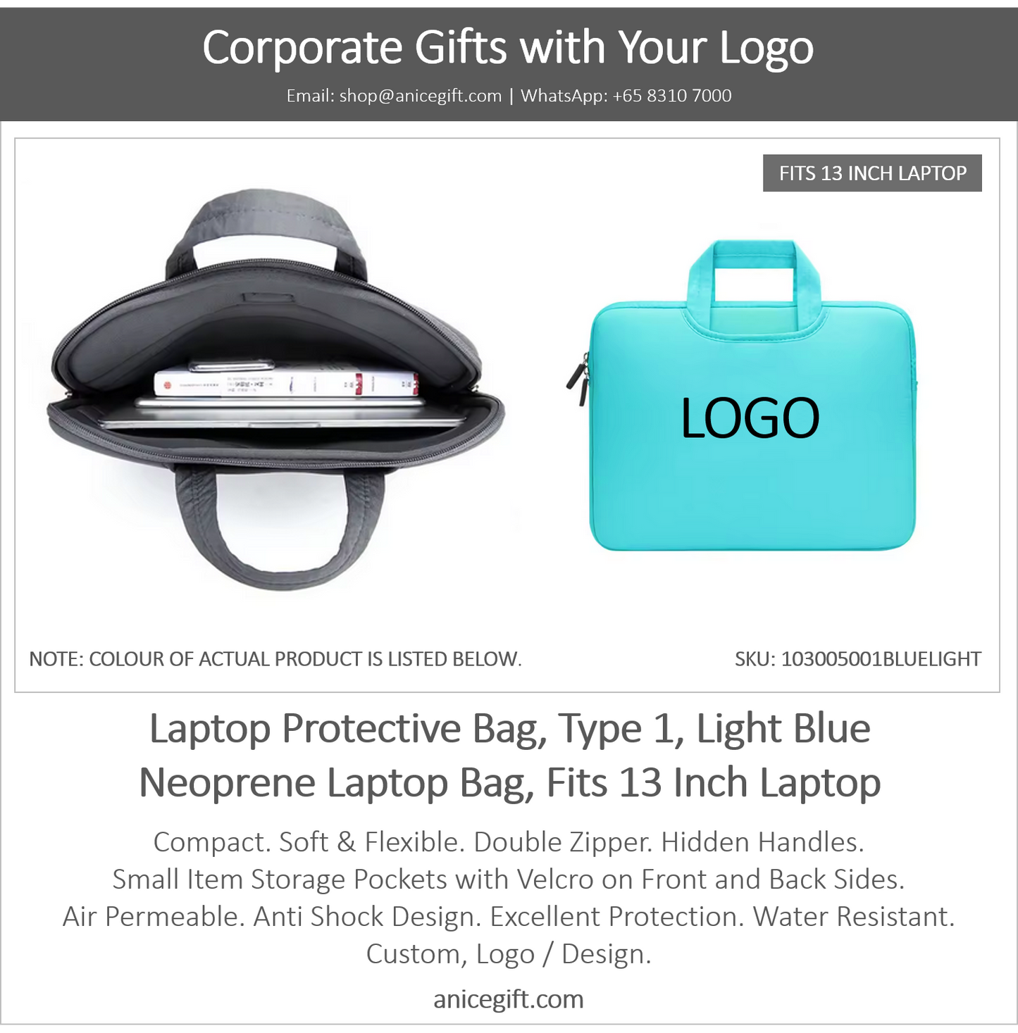 Laptop Protective Bag, Type 1, Light Blue | Neoprene Laptop Bag, Fits 13 Inch Laptop