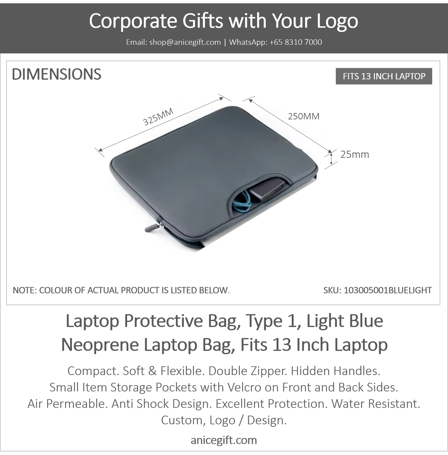 Laptop Protective Bag, Type 1, Light Blue | Neoprene Laptop Bag, Fits 13 Inch Laptop