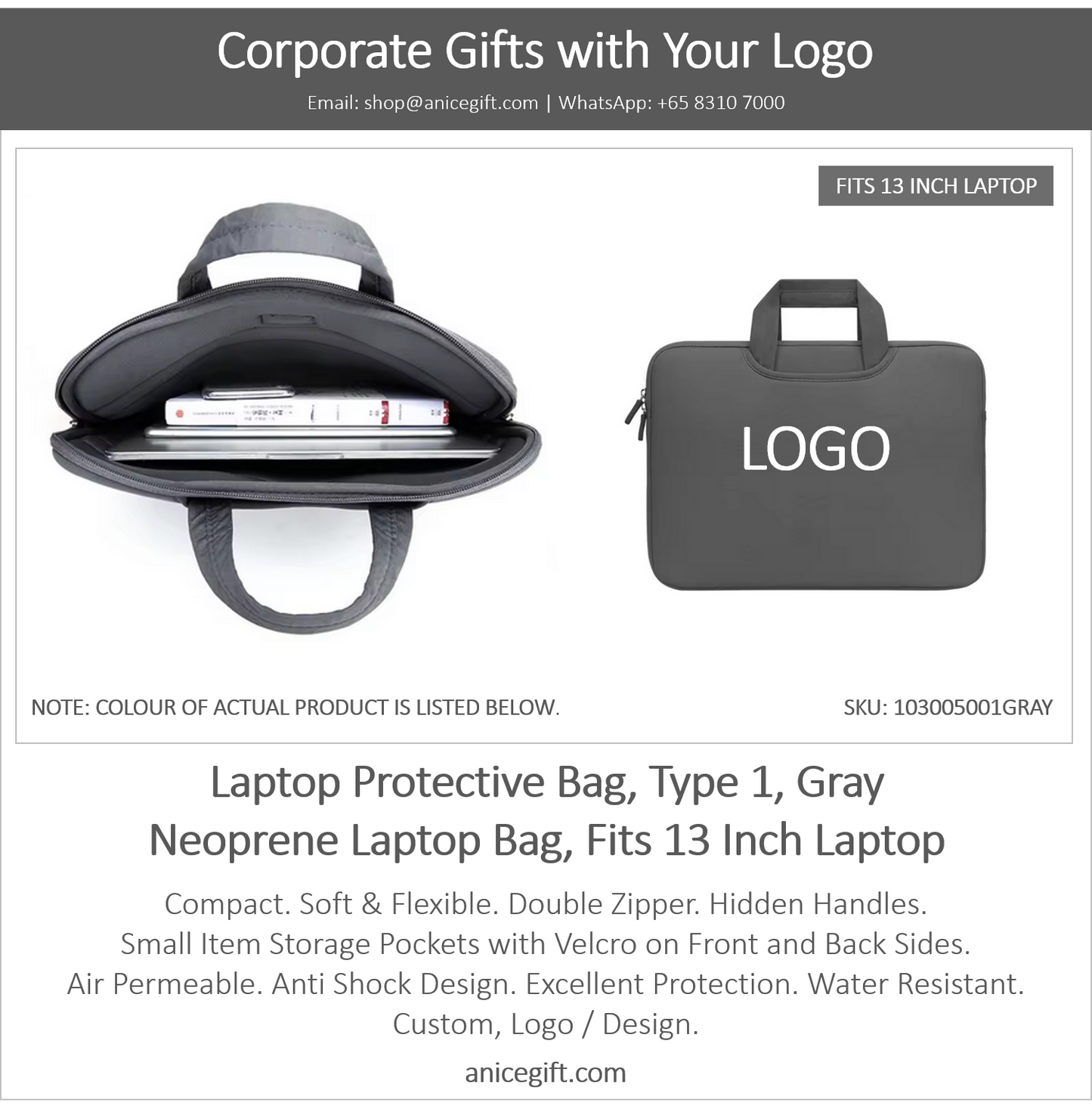 Laptop Protective Bag, Type 1, Gray | Neoprene Laptop Bag, Fits 13 Inch Laptop