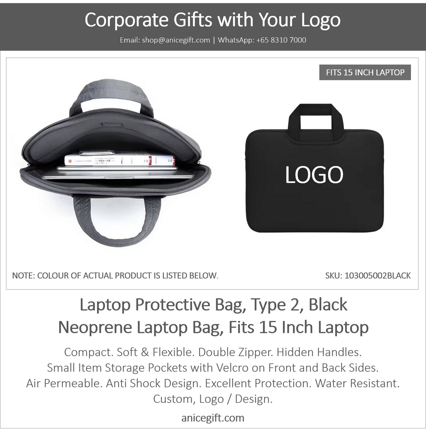 Laptop Protective Bag, Type 2, Black | Neoprene Laptop Bag, Fits 15 Inch Laptop
