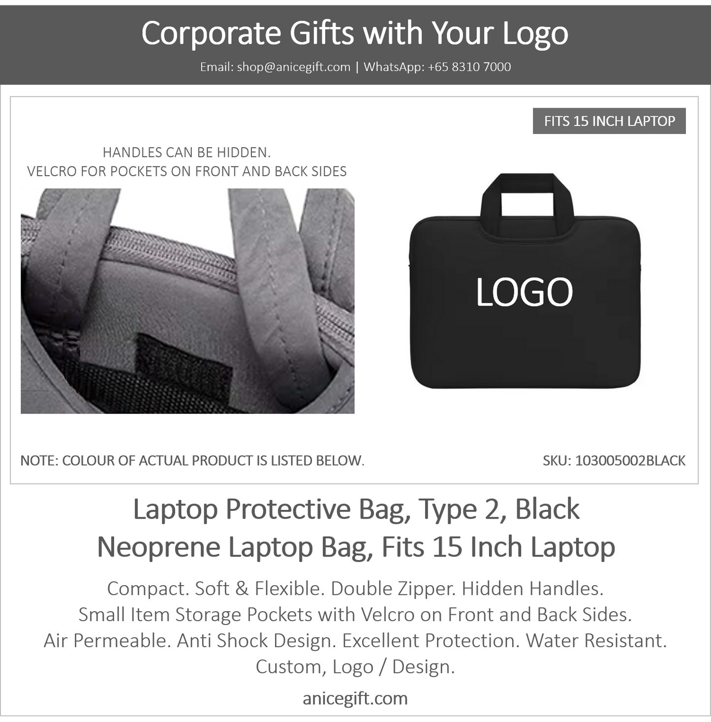 Laptop Protective Bag, Type 2, Black | Neoprene Laptop Bag, Fits 15 Inch Laptop