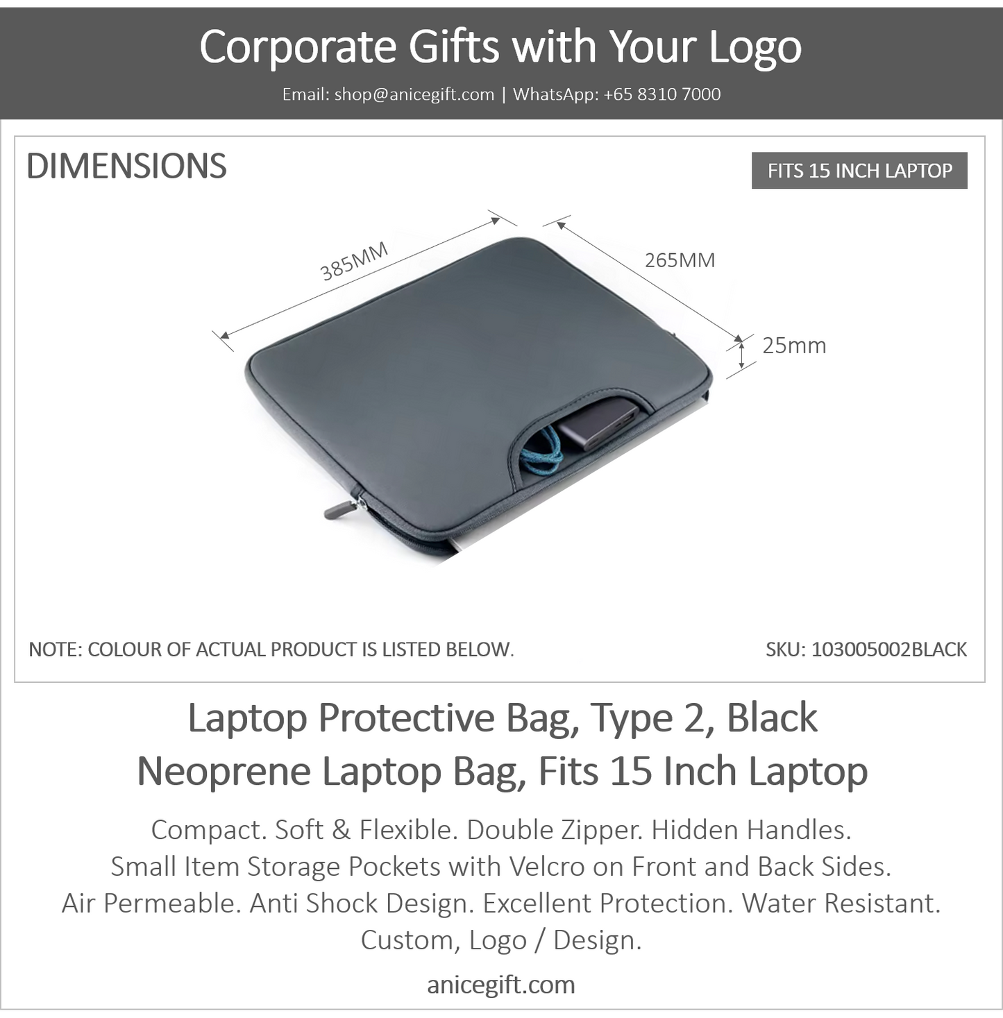 Laptop Protective Bag, Type 2, Black | Neoprene Laptop Bag, Fits 15 Inch Laptop