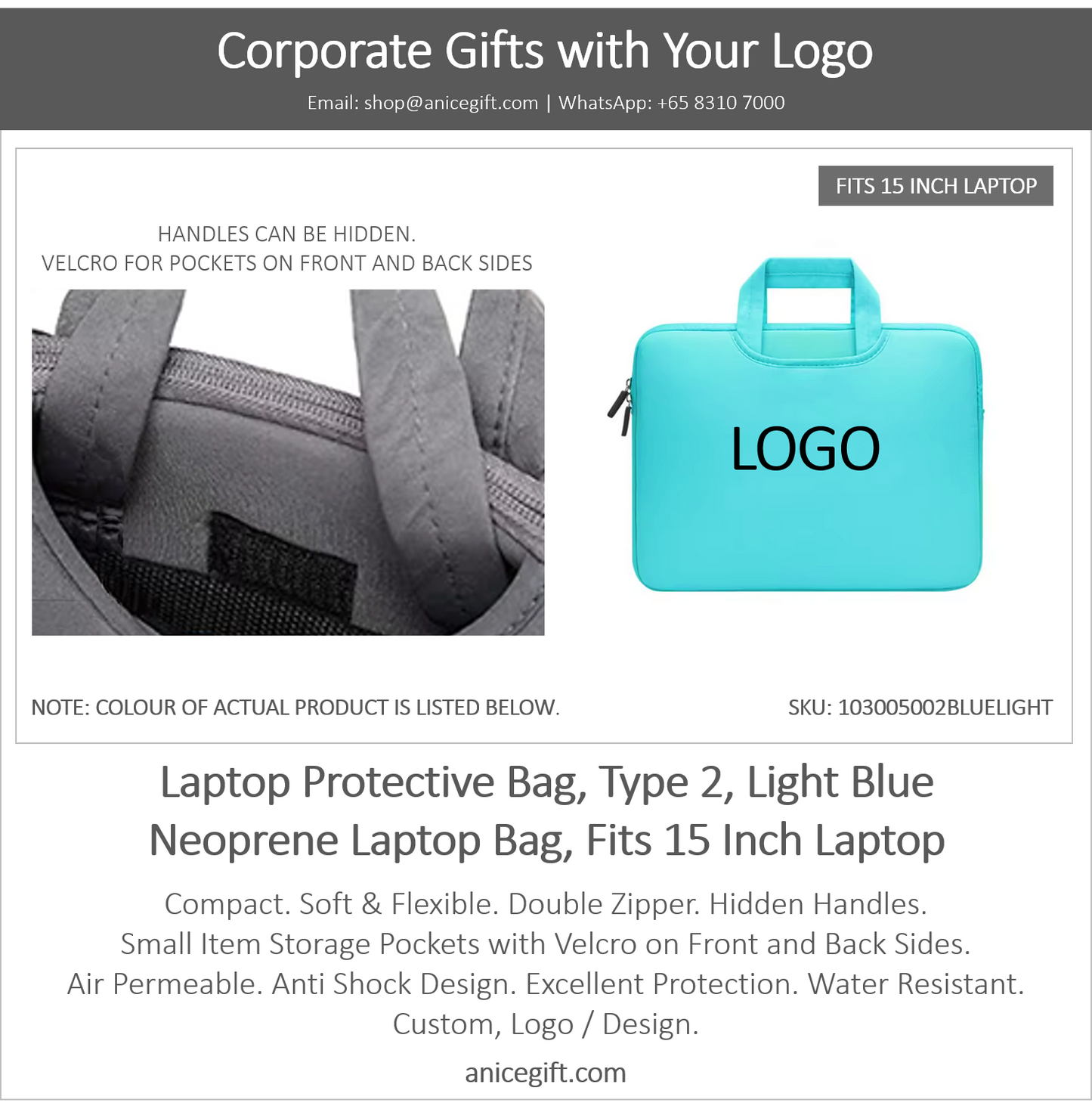 Laptop Protective Bag, Type 2, Light Blue | Neoprene Laptop Bag, Fits 15 Inch Laptop
