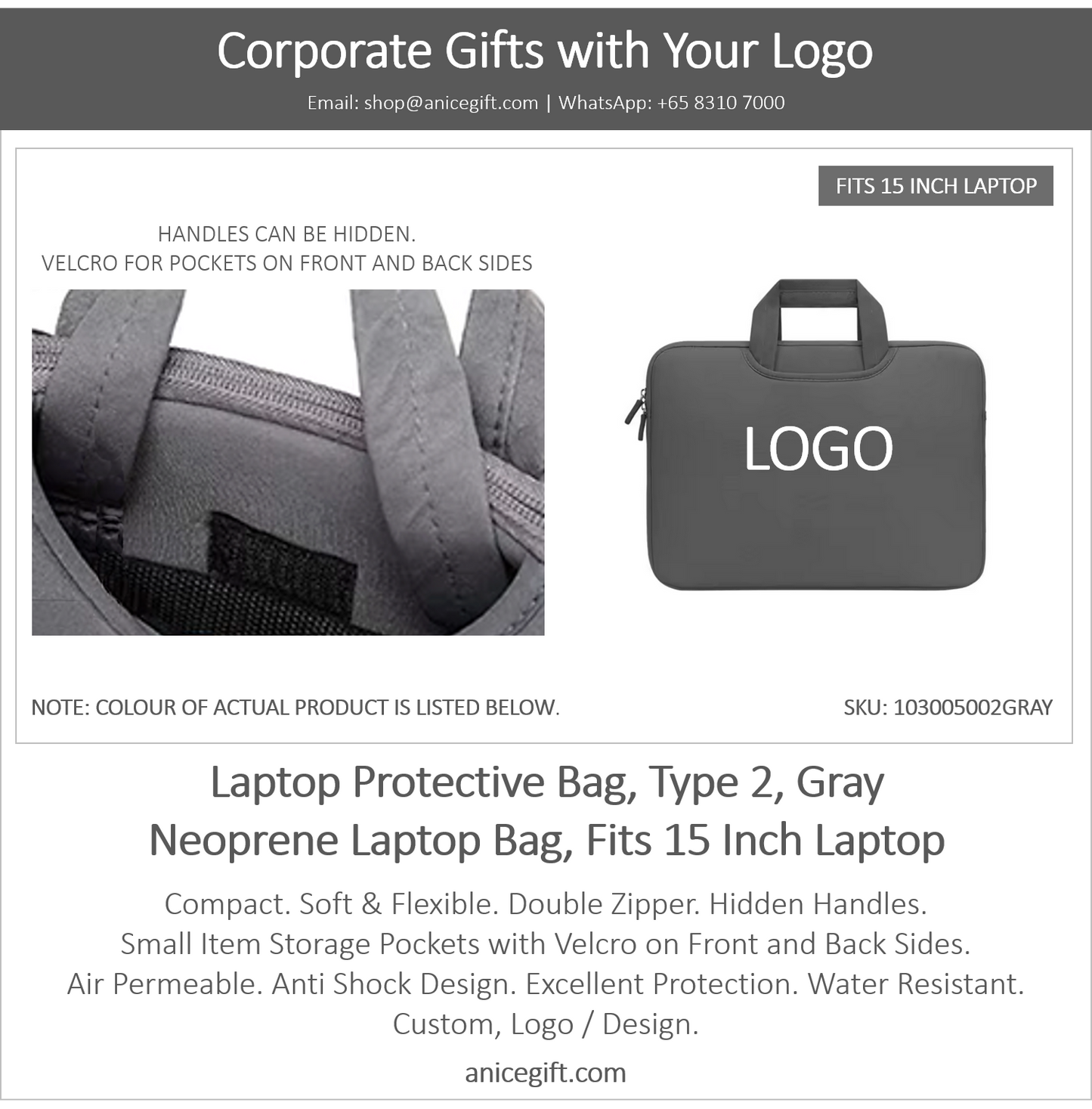 Laptop Protective Bag, Type 2, Gray | Neoprene Laptop Bag, Fits 15 Inch Laptop