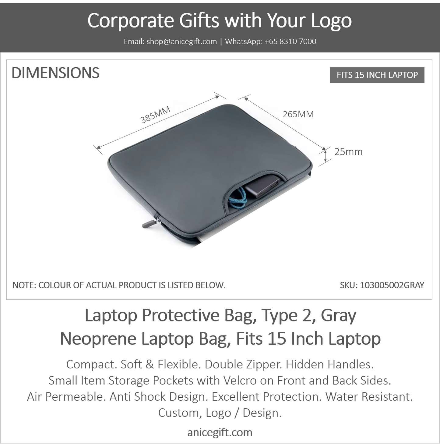 Laptop Protective Bag, Type 2, Gray | Neoprene Laptop Bag, Fits 15 Inch Laptop