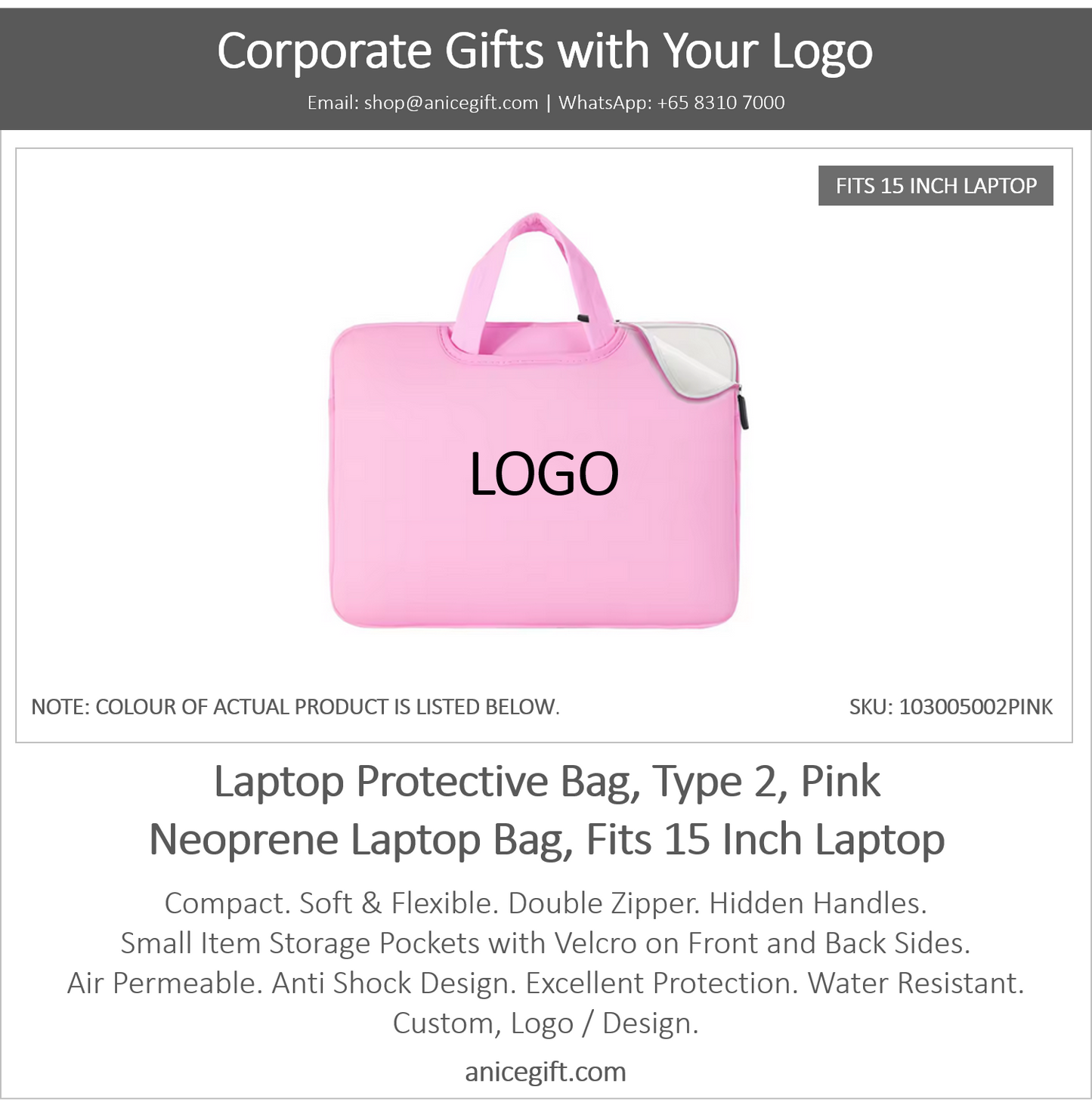 Laptop Protective Bag, Type 2, Light Pink | Neoprene Laptop Bag, Fits 15 Inch Laptop