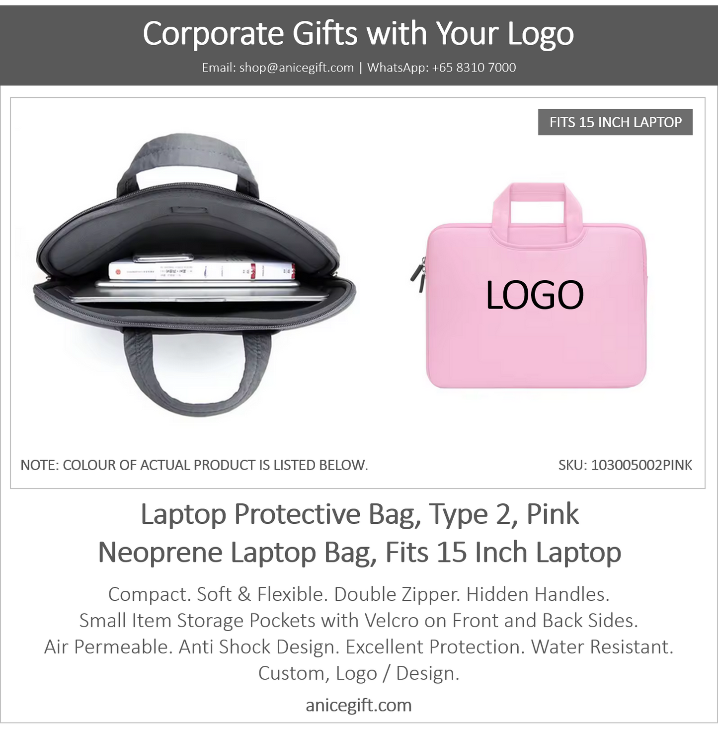 Laptop Protective Bag, Type 2, Light Pink | Neoprene Laptop Bag, Fits 15 Inch Laptop