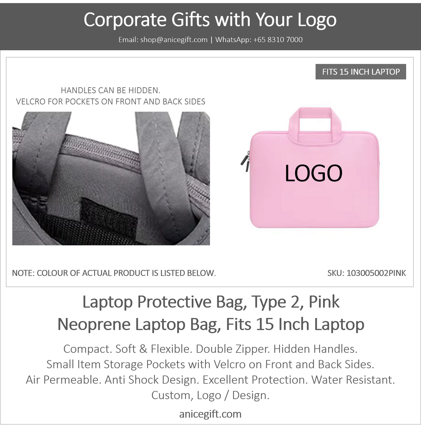Laptop Protective Bag, Type 2, Light Pink | Neoprene Laptop Bag, Fits 15 Inch Laptop