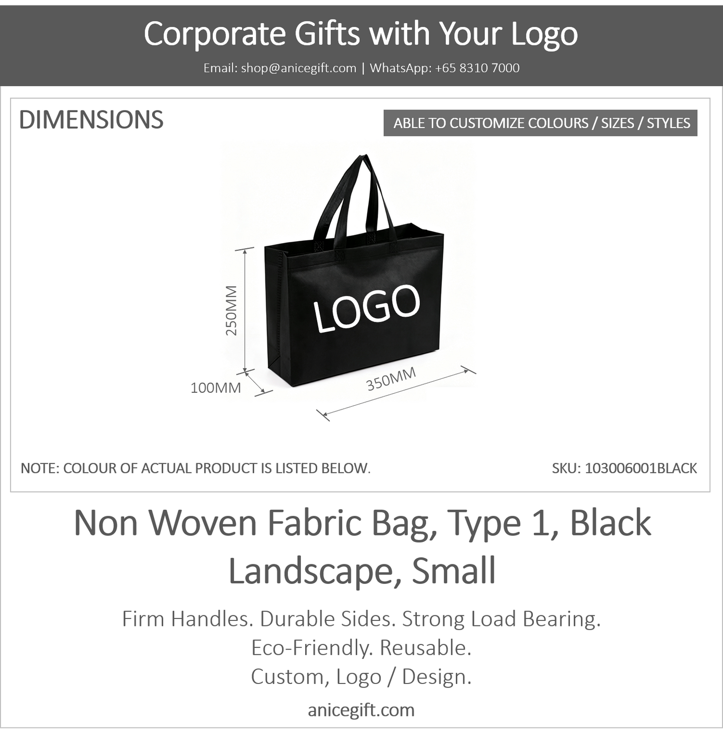 Non Woven Fabric Bag, Type 1, Black | Landscape, Small
