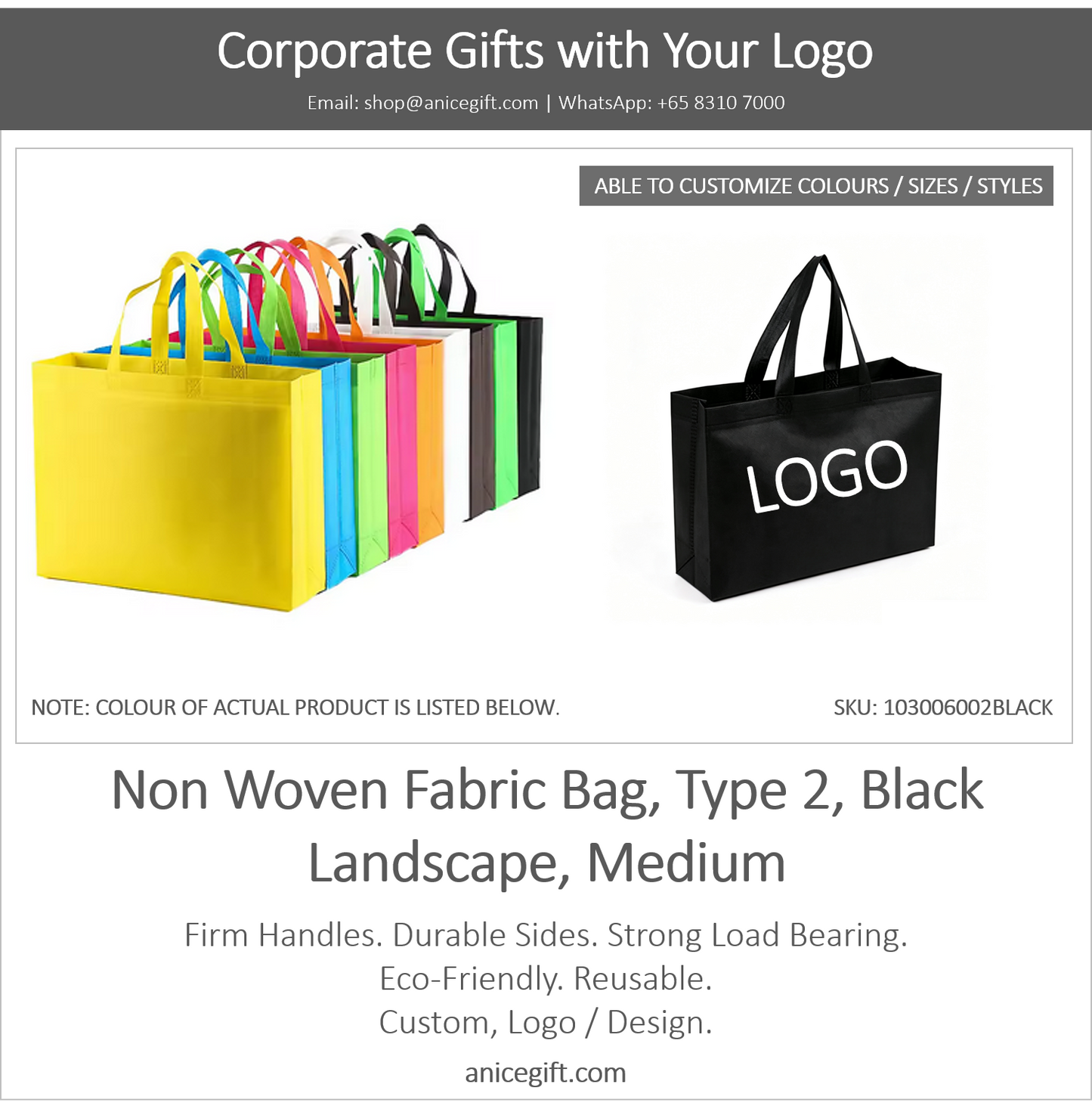 Non Woven Fabric Bag, Type 2, Black | Landscape, Medium