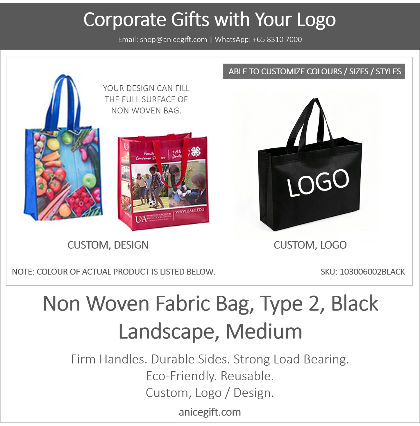 Non Woven Fabric Bag, Type 2, Black | Landscape, Medium
