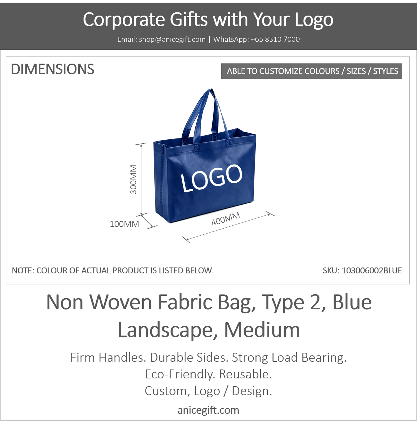 Non Woven Fabric Bag, Type 2, Blue | Landscape, Medium