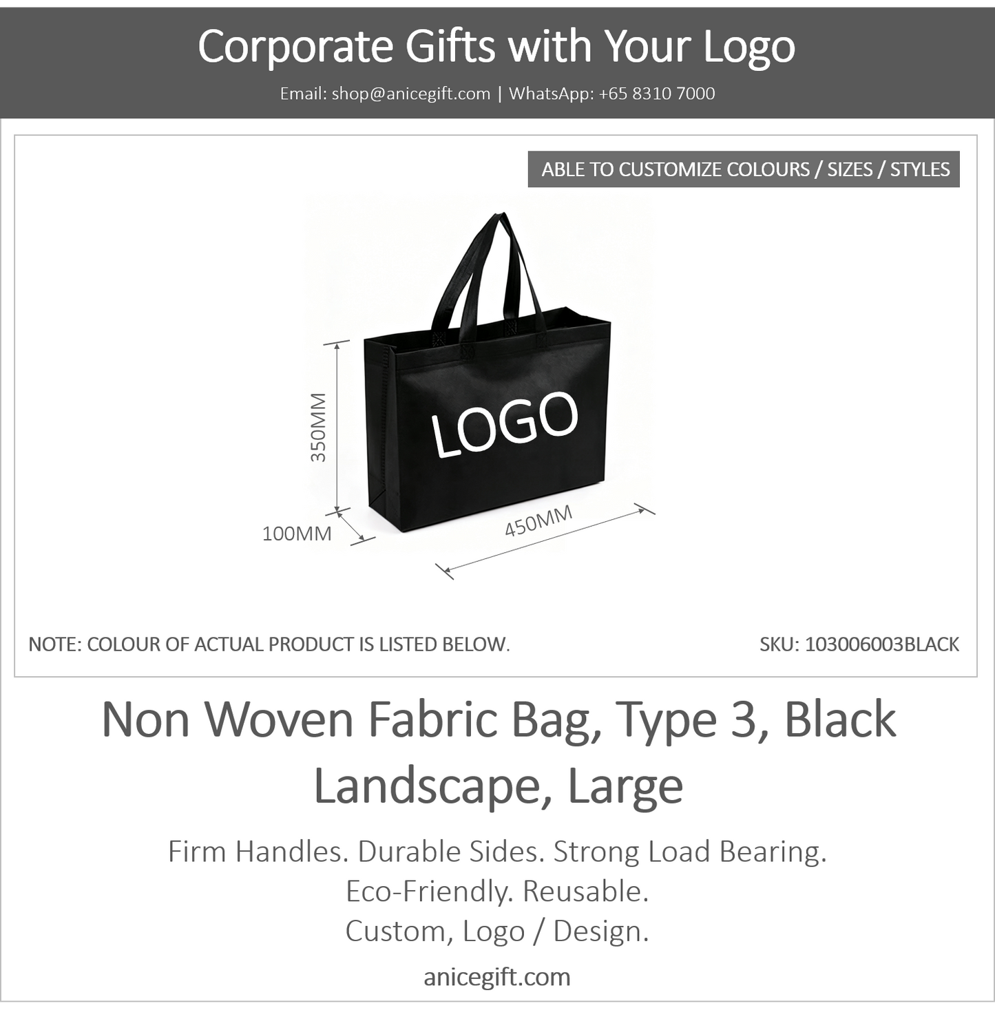 Non Woven Fabric Bag, Type 3, Black | Landscape, Large