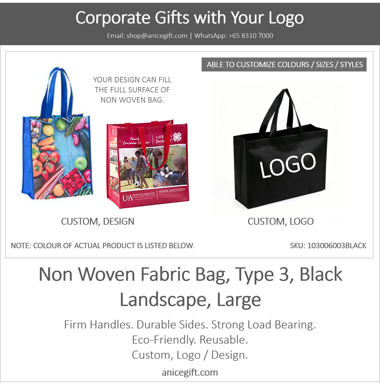 Non Woven Fabric Bag, Type 3, Black | Landscape, Large