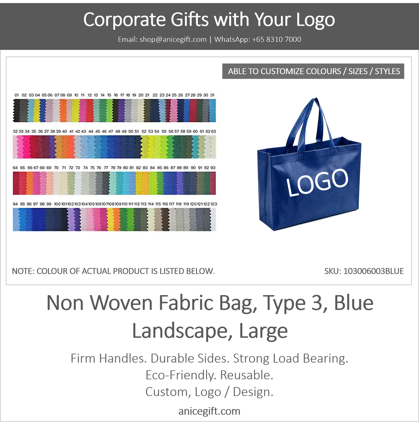 Non Woven Fabric Bag, Type 3, Blue | Landscape, Large
