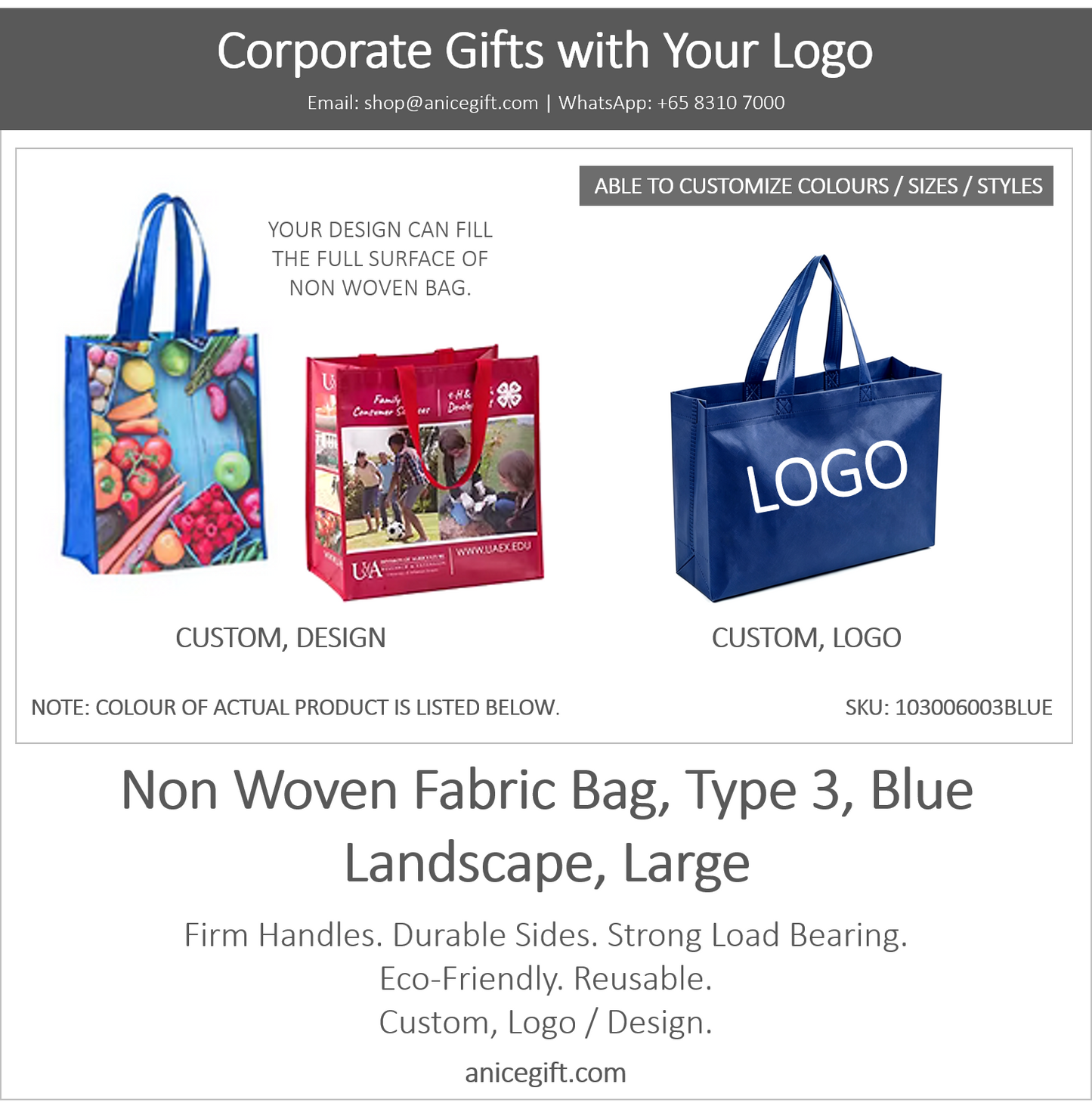 Non Woven Fabric Bag, Type 3, Blue | Landscape, Large