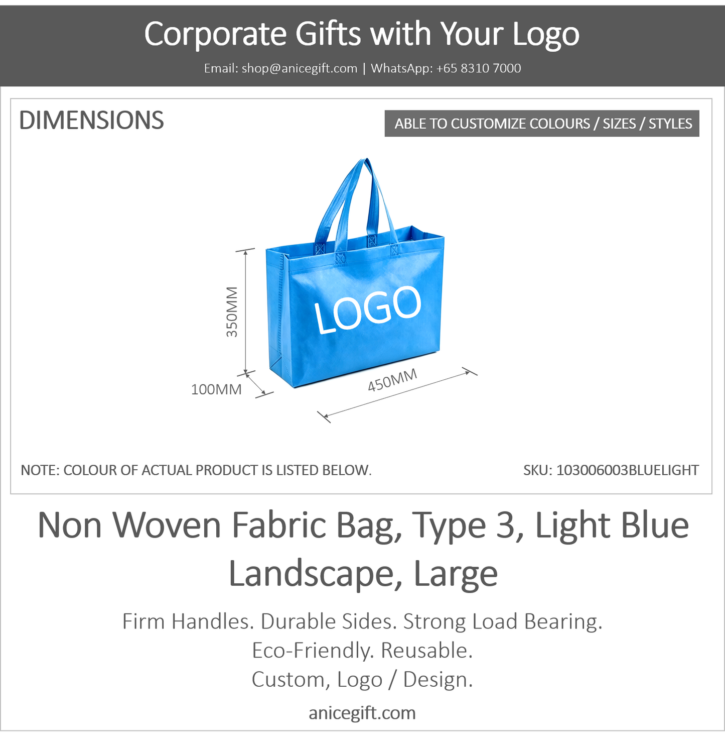 Non Woven Fabric Bag, Type 3, Light Blue | Landscape, Large