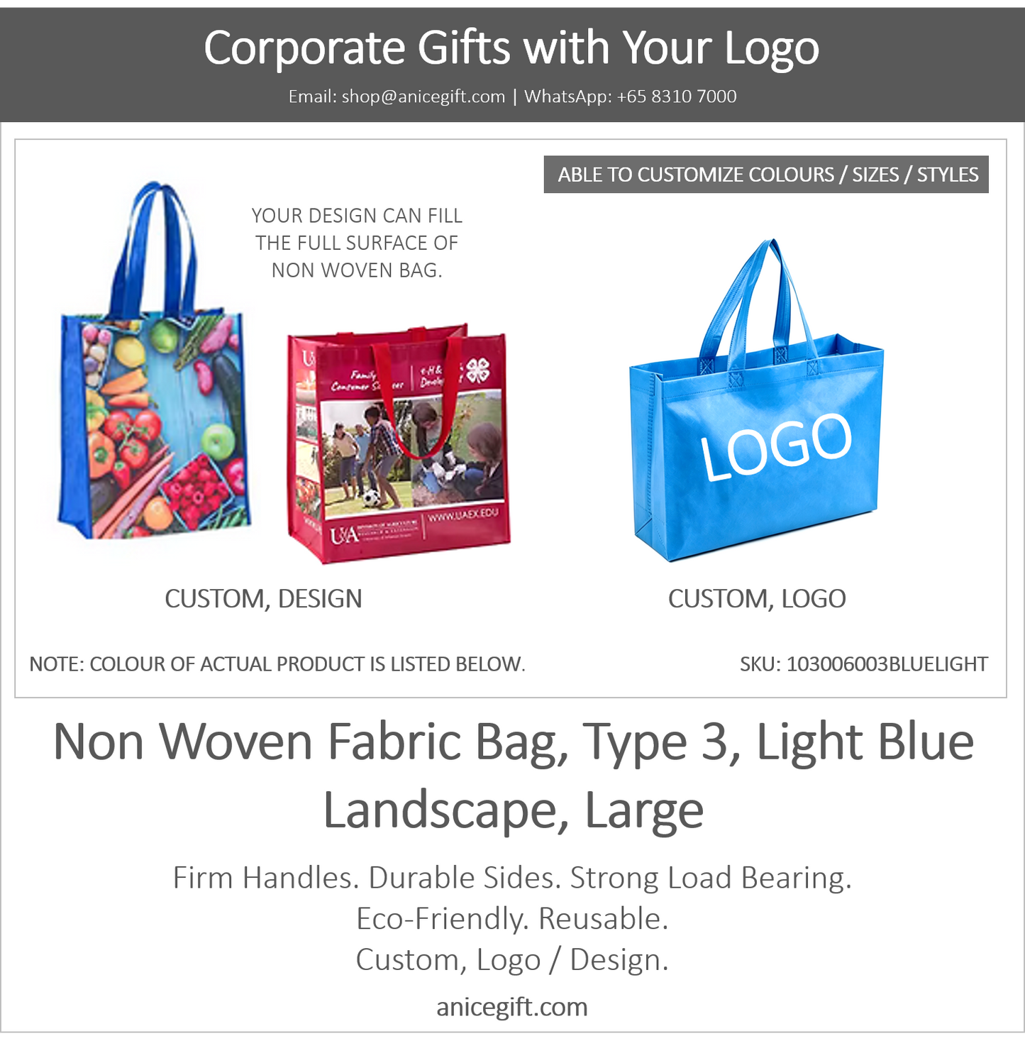 Non Woven Fabric Bag, Type 3, Light Blue | Landscape, Large