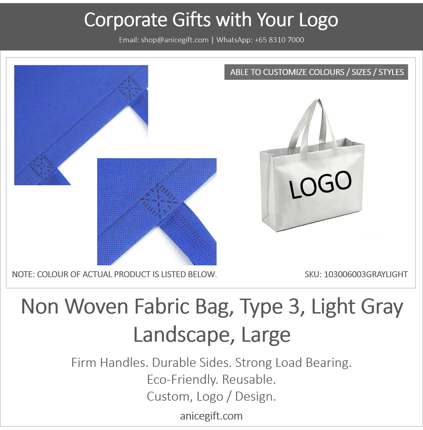 Non Woven Fabric Bag, Type 3, Light Gray | Landscape, Large
