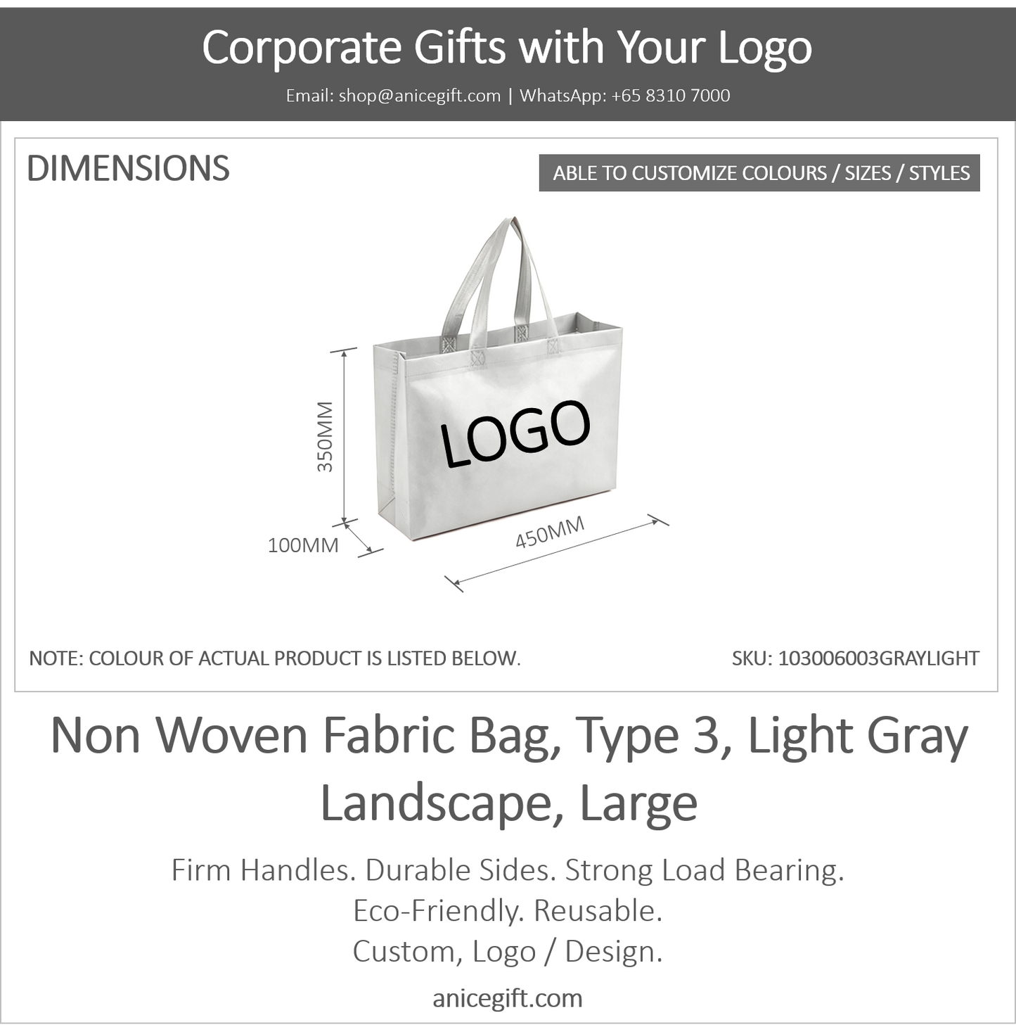 Non Woven Fabric Bag, Type 3, Light Gray | Landscape, Large
